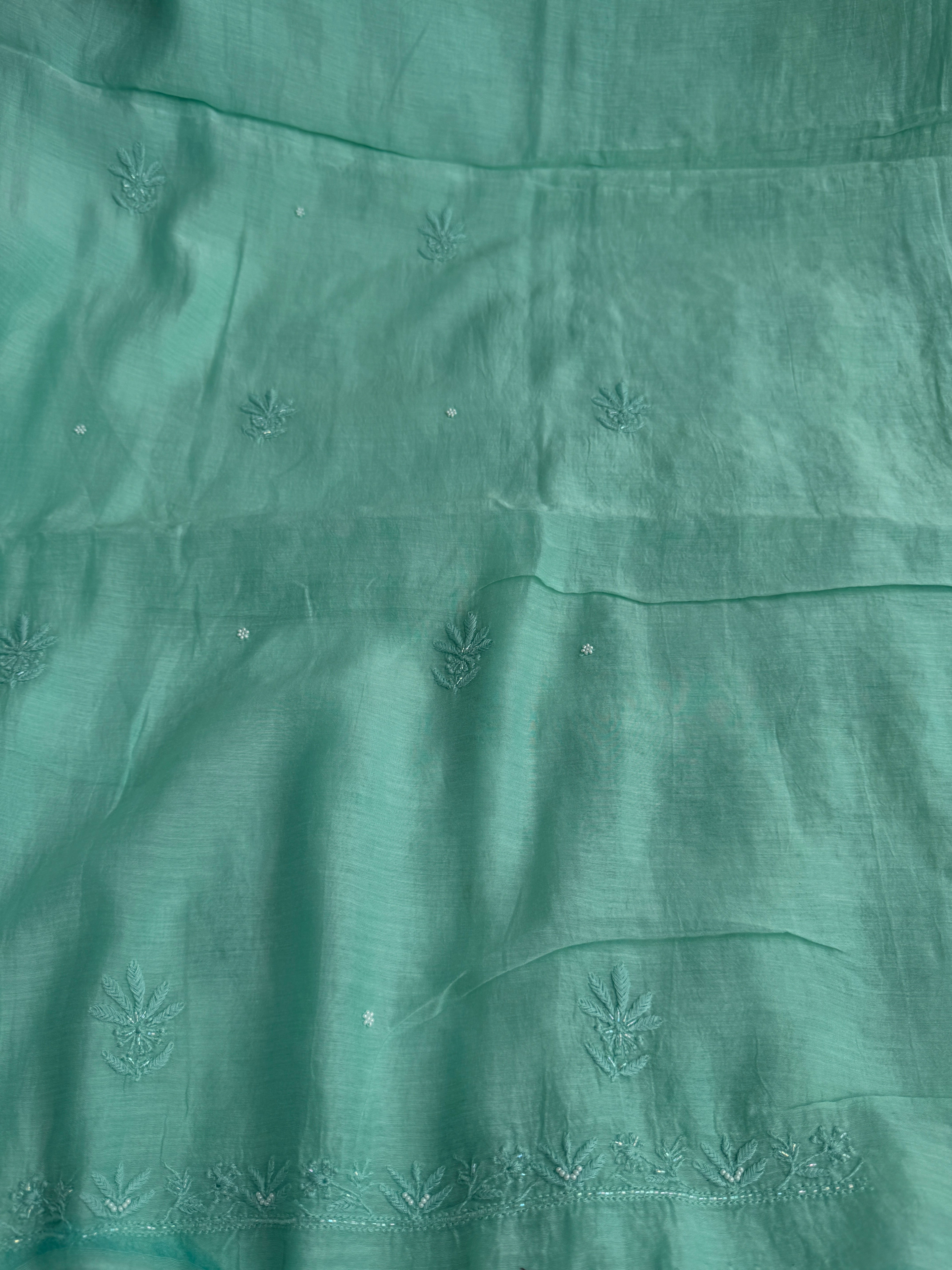 Mul Chanderi Chikankari Unstitched Length with Dupatta - Green ARIAA CHIKANKARI