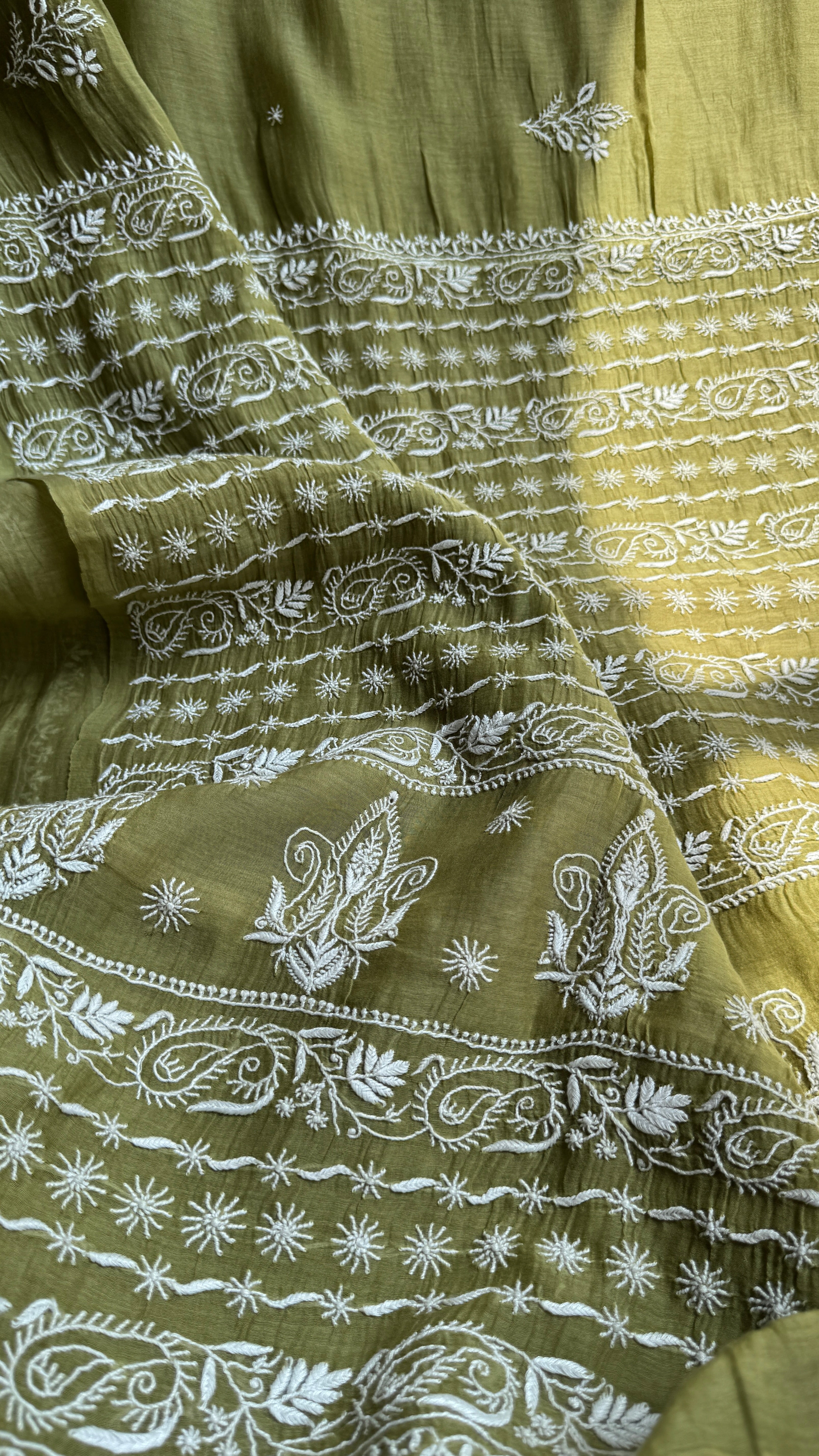 Pure Mul Chanderi Chikankari saree in Mehandi Green