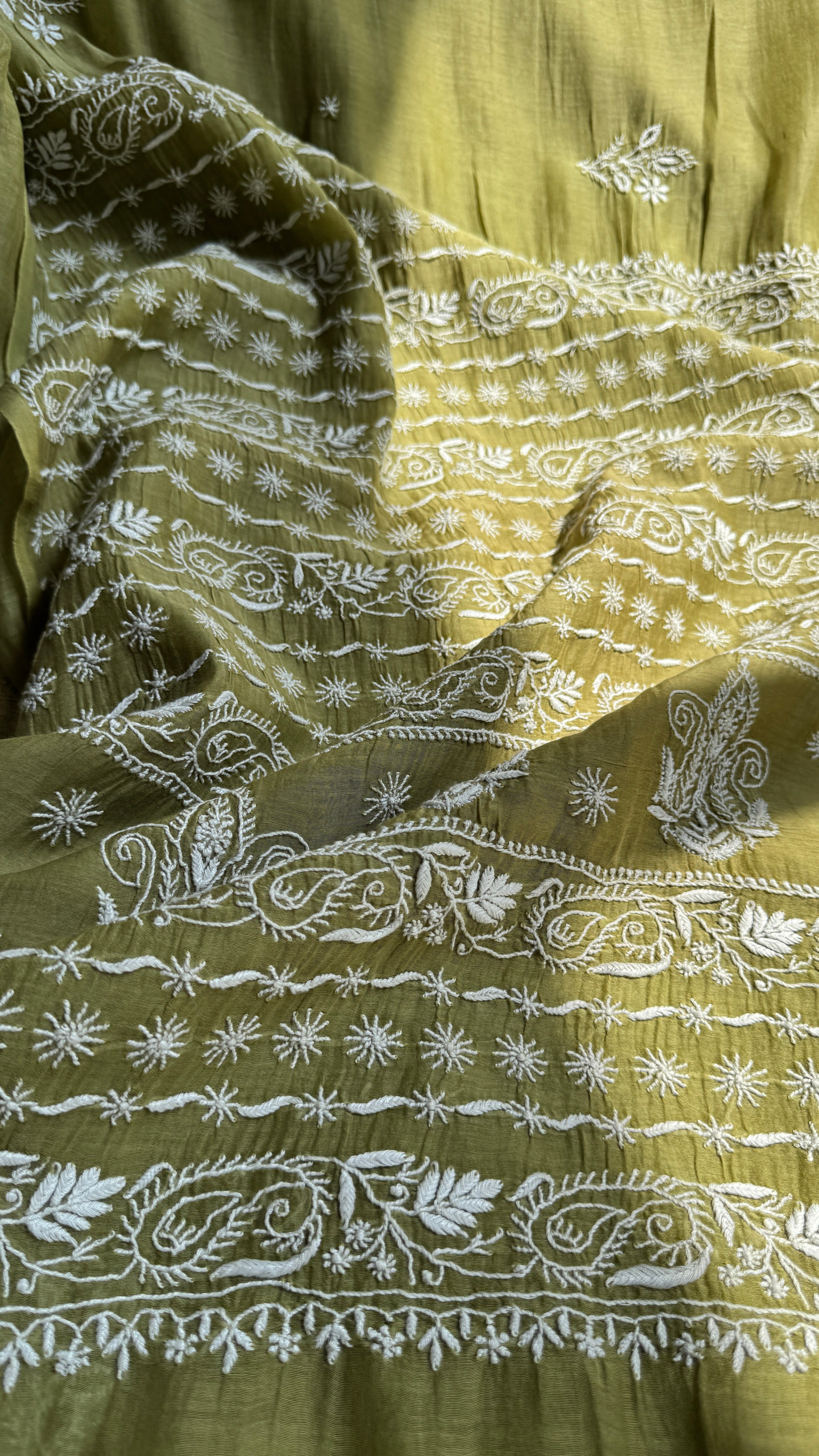 Pure Mul Chanderi Chikankari saree in Mehandi Green