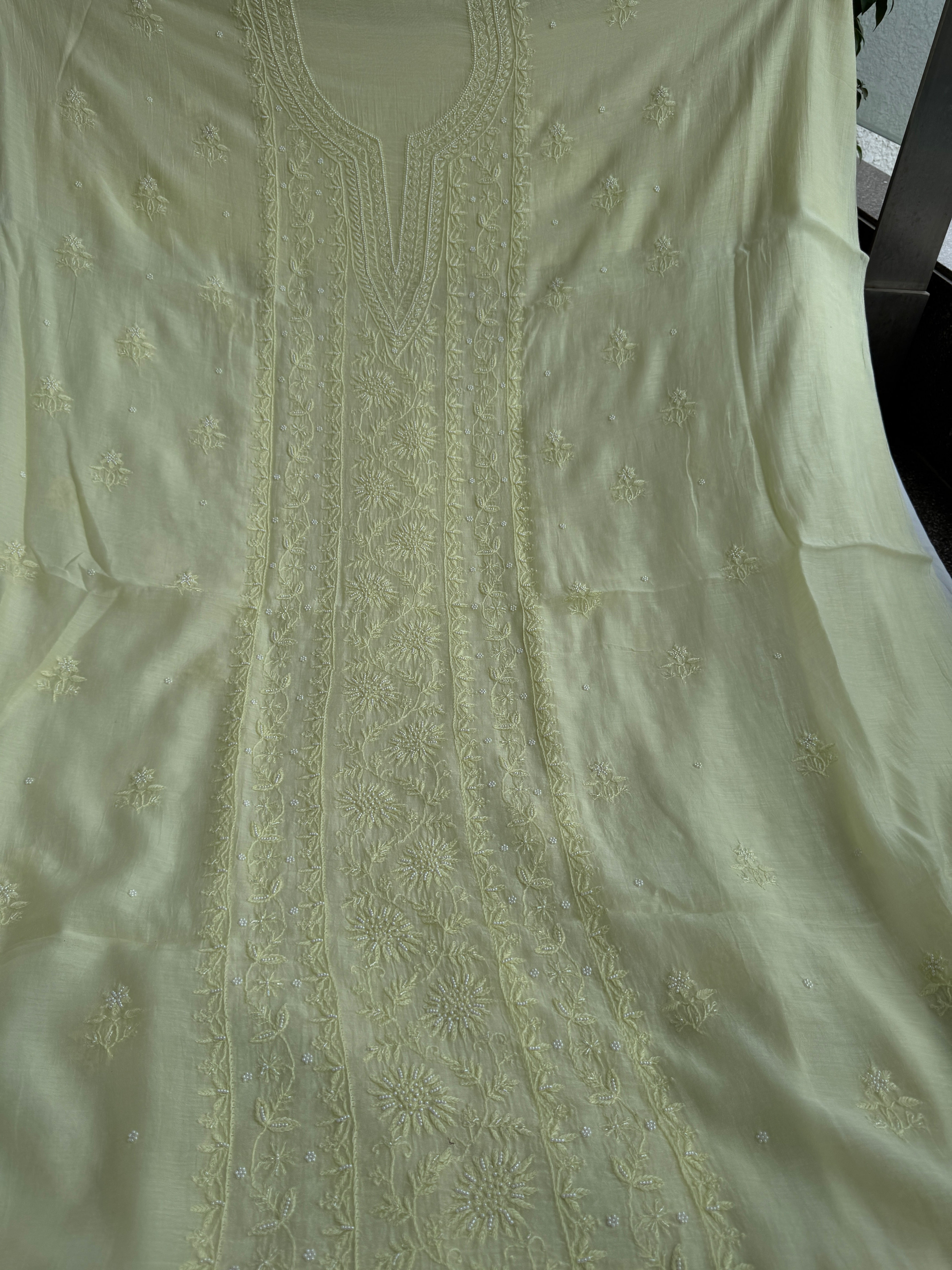 Mul Chanderi Chikankari Unstitched Length with Dupatta - Lemon Yellow ARIAA CHIKANKARI