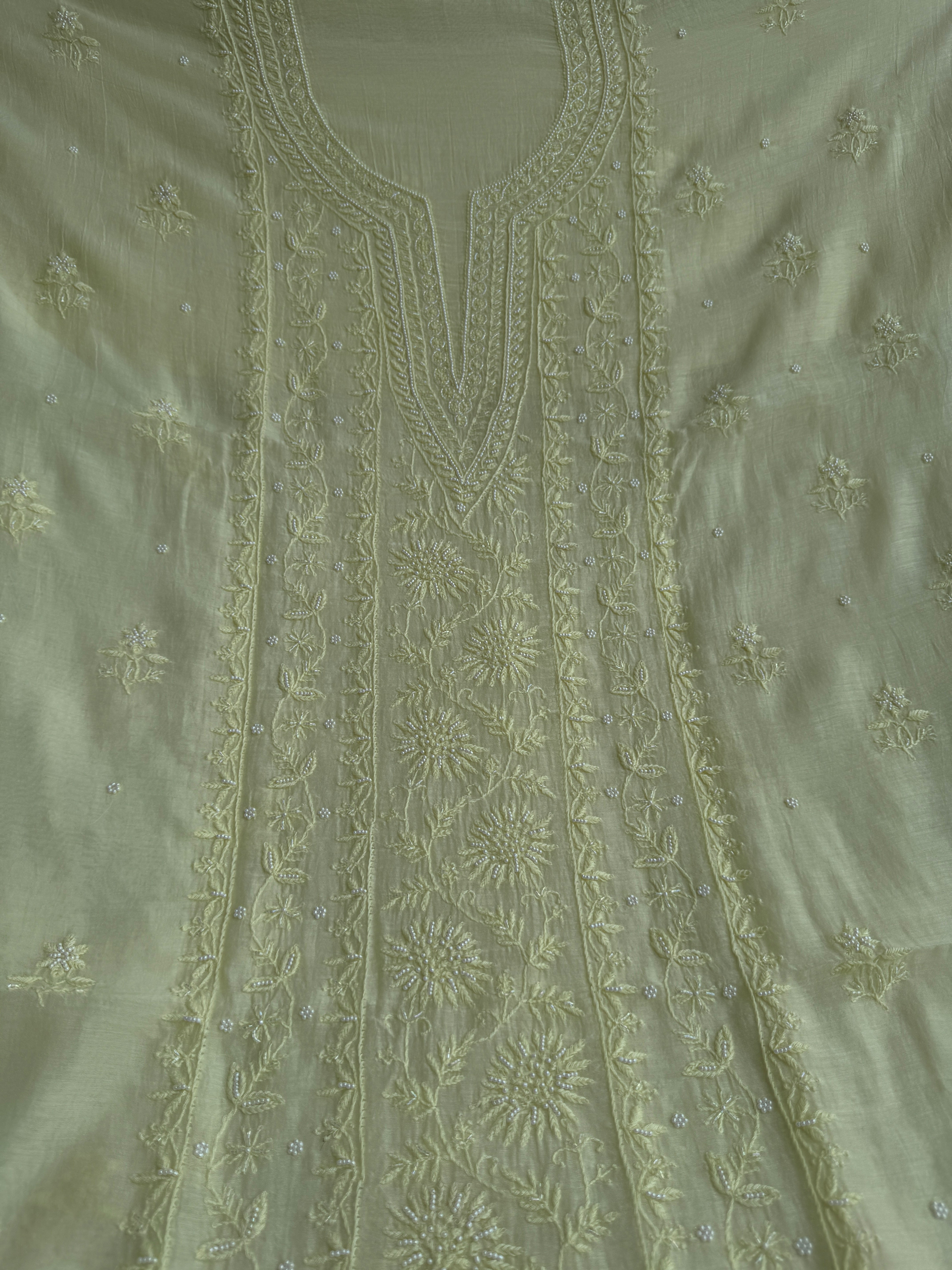 Mul Chanderi Chikankari Unstitched Length with Dupatta - Lemon Yellow ARIAA CHIKANKARI
