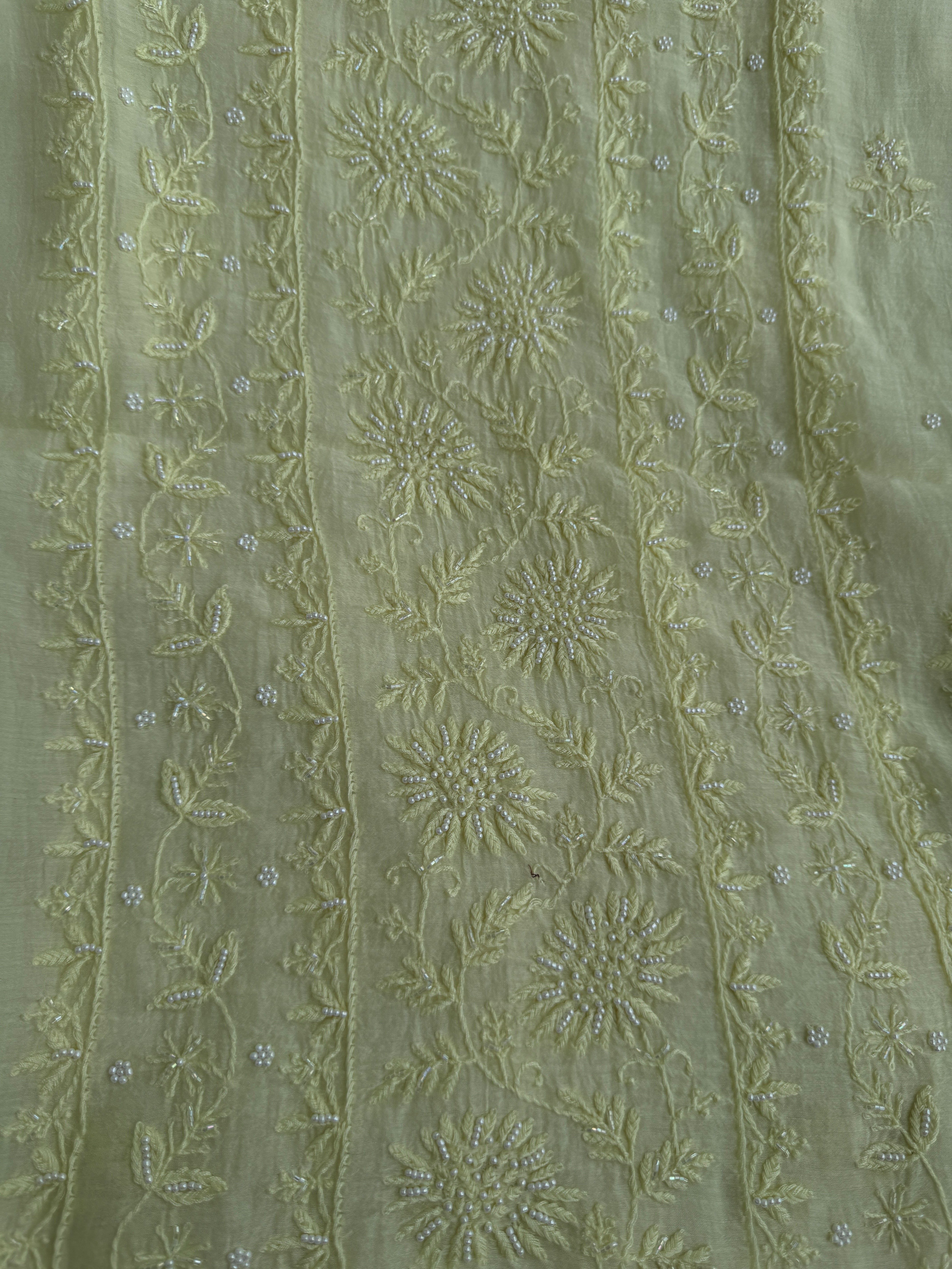 Mul Chanderi Chikankari Unstitched Length with Dupatta - Lemon Yellow ARIAA CHIKANKARI