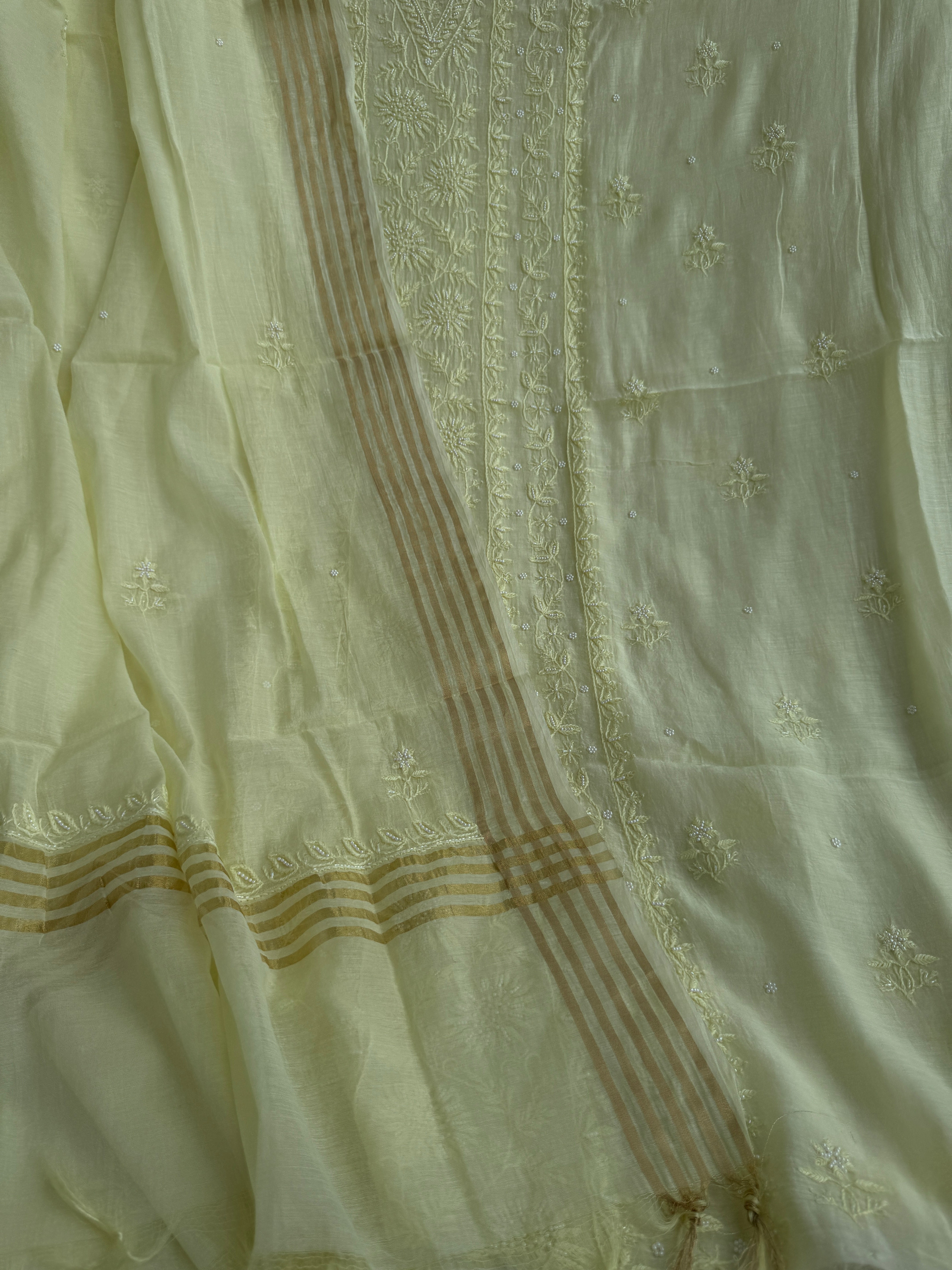Mul Chanderi Chikankari Unstitched Length with Dupatta - Lemon Yellow ARIAA CHIKANKARI
