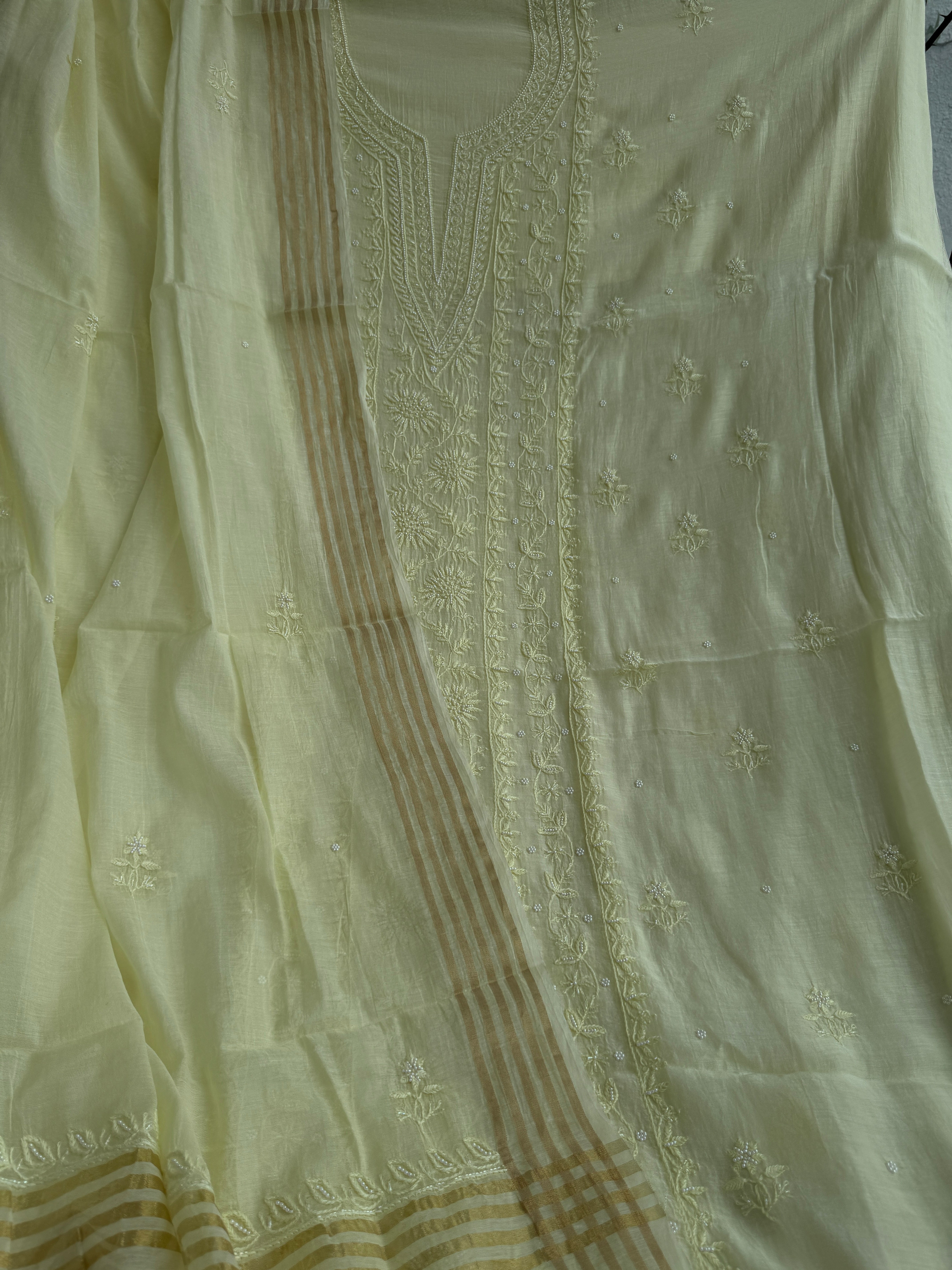 Mul Chanderi Chikankari Unstitched Length with Dupatta - Lemon Yellow ARIAA CHIKANKARI