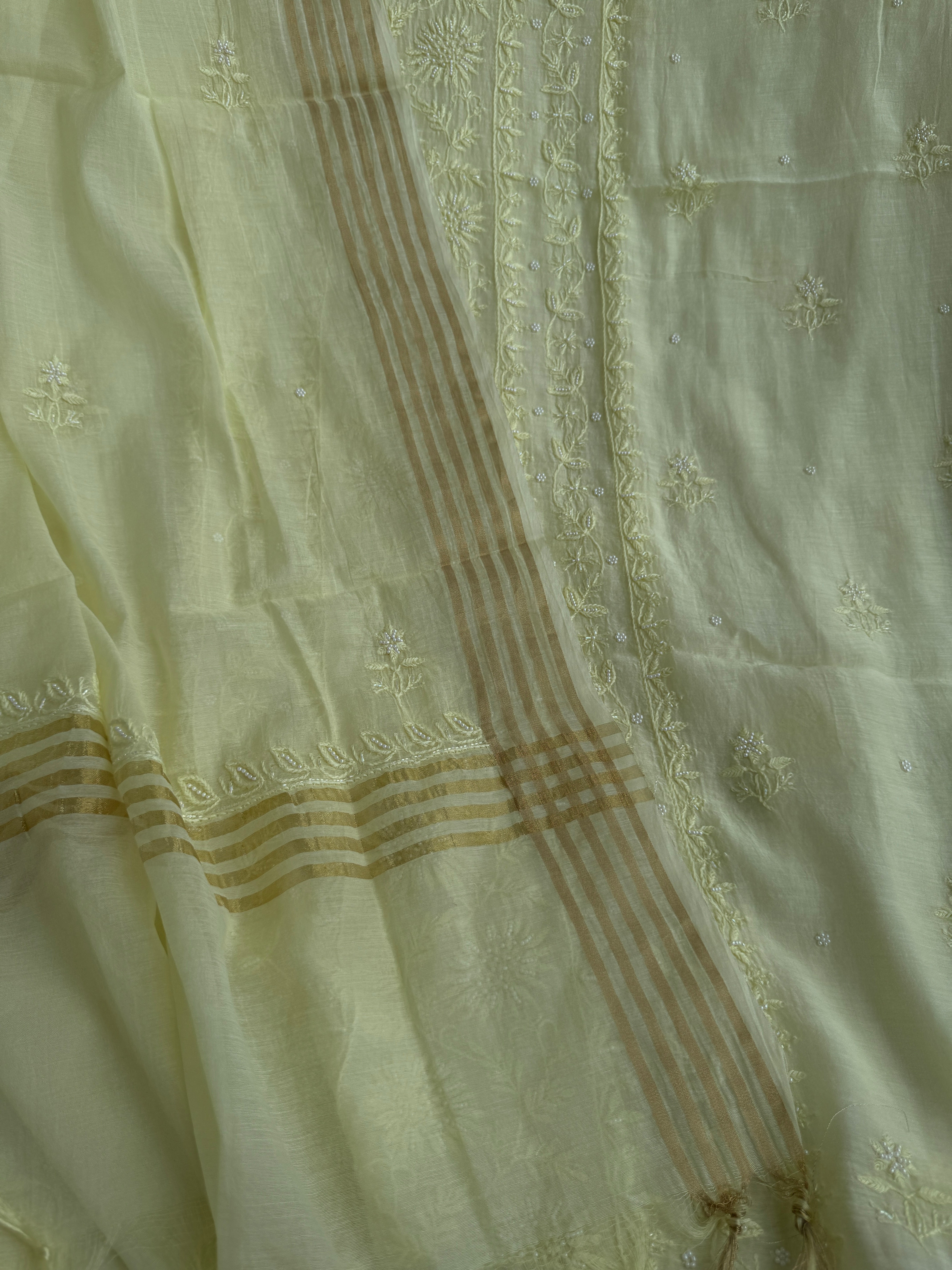 Mul Chanderi Chikankari Unstitched Length with Dupatta - Lemon Yellow ARIAA CHIKANKARI