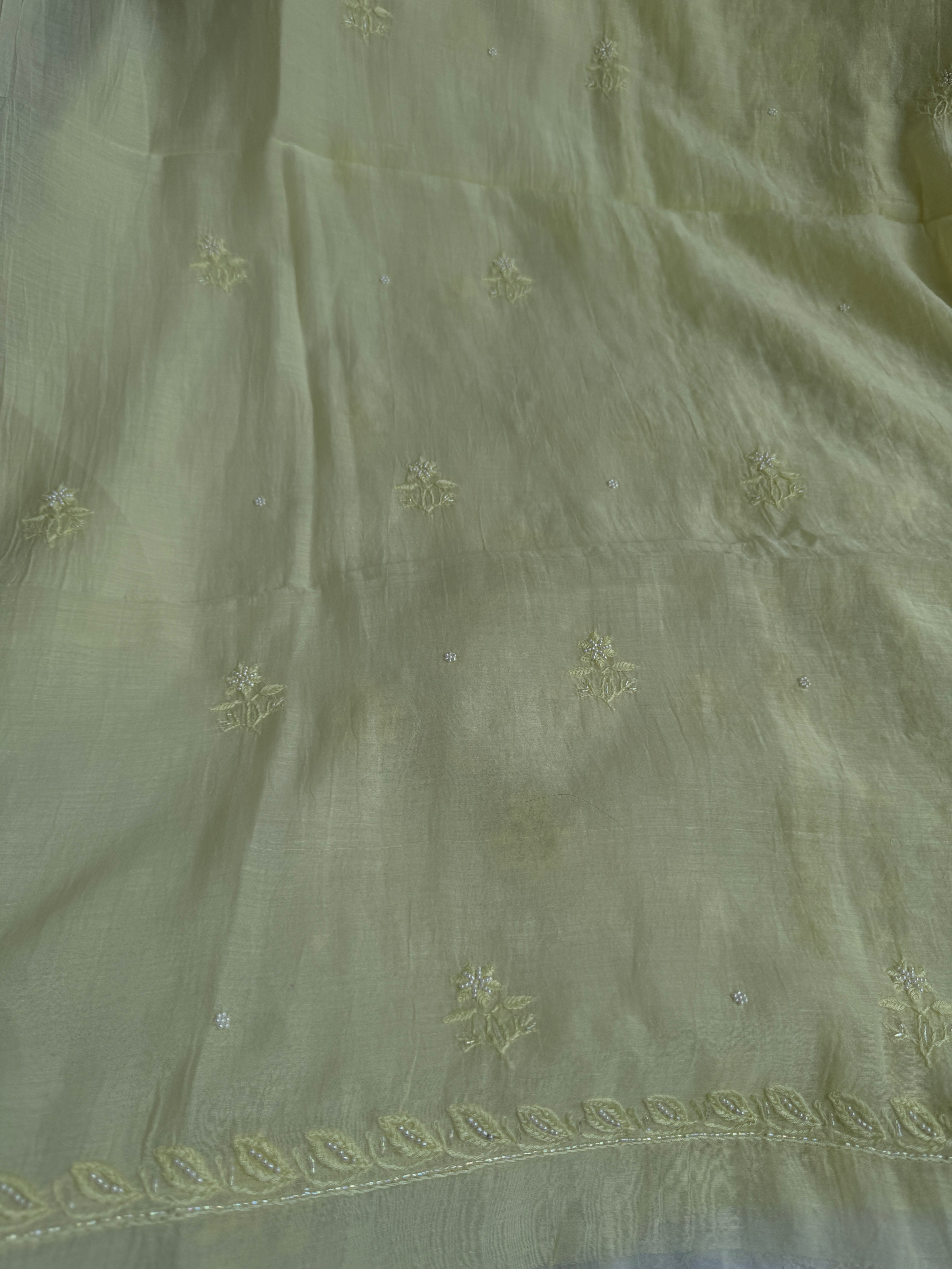 Mul Chanderi Chikankari Unstitched Length with Dupatta - Lemon Yellow ARIAA CHIKANKARI