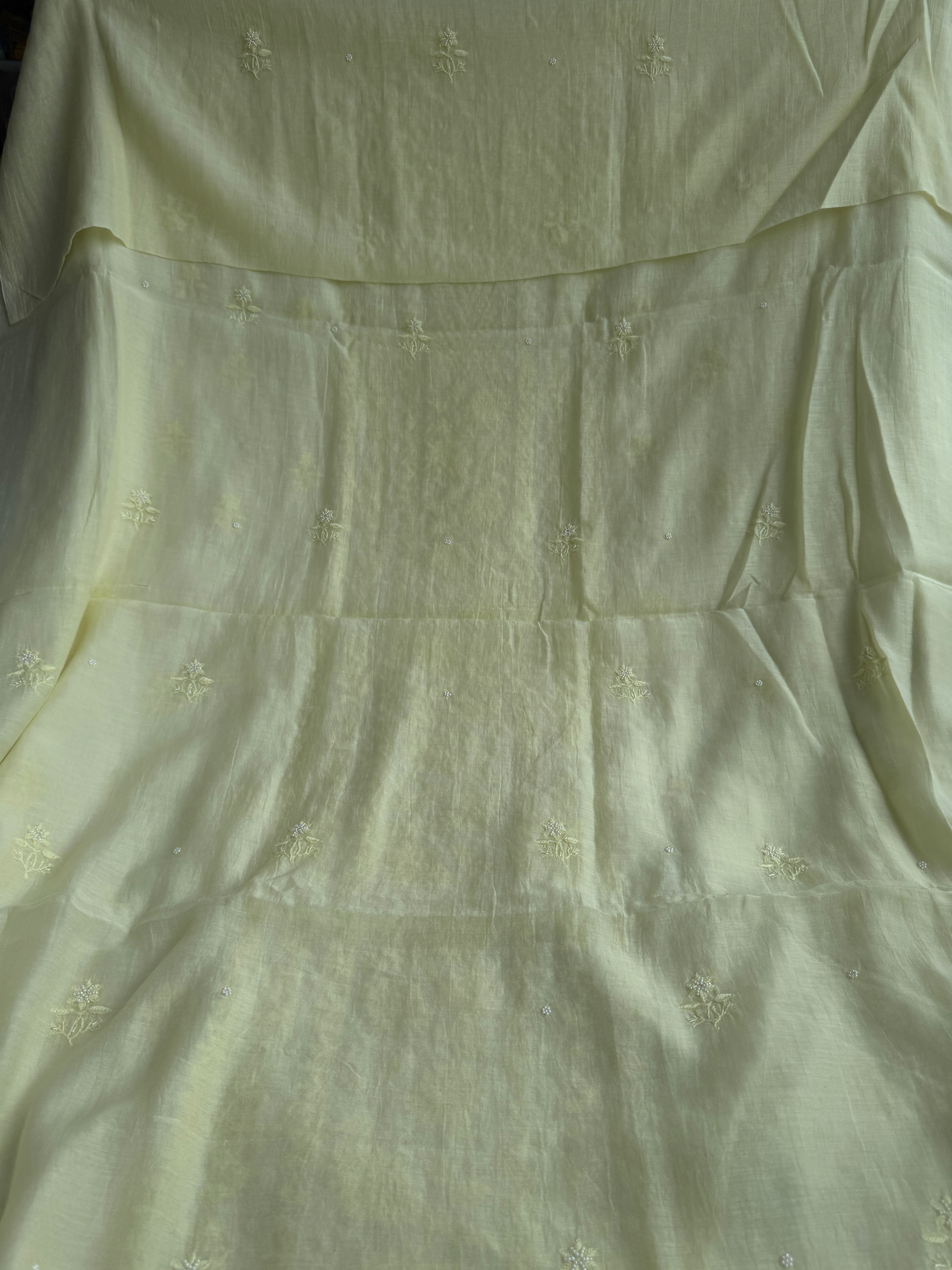 Mul Chanderi Chikankari Unstitched Length with Dupatta - Lemon Yellow ARIAA CHIKANKARI