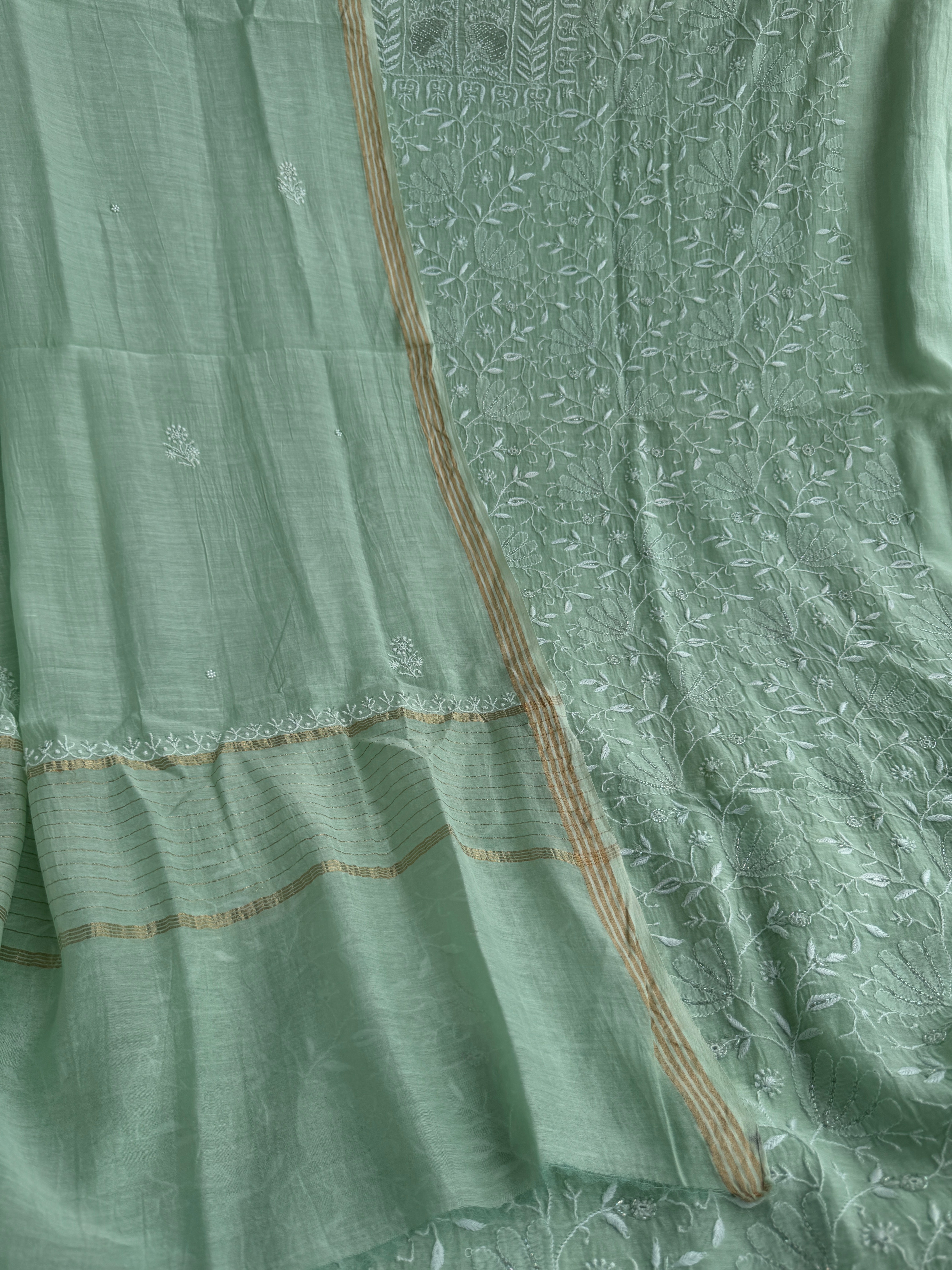Mul Chanderi Chikankari Unstitched Length with Dupatta -Green ARIAA CHIKANKARI