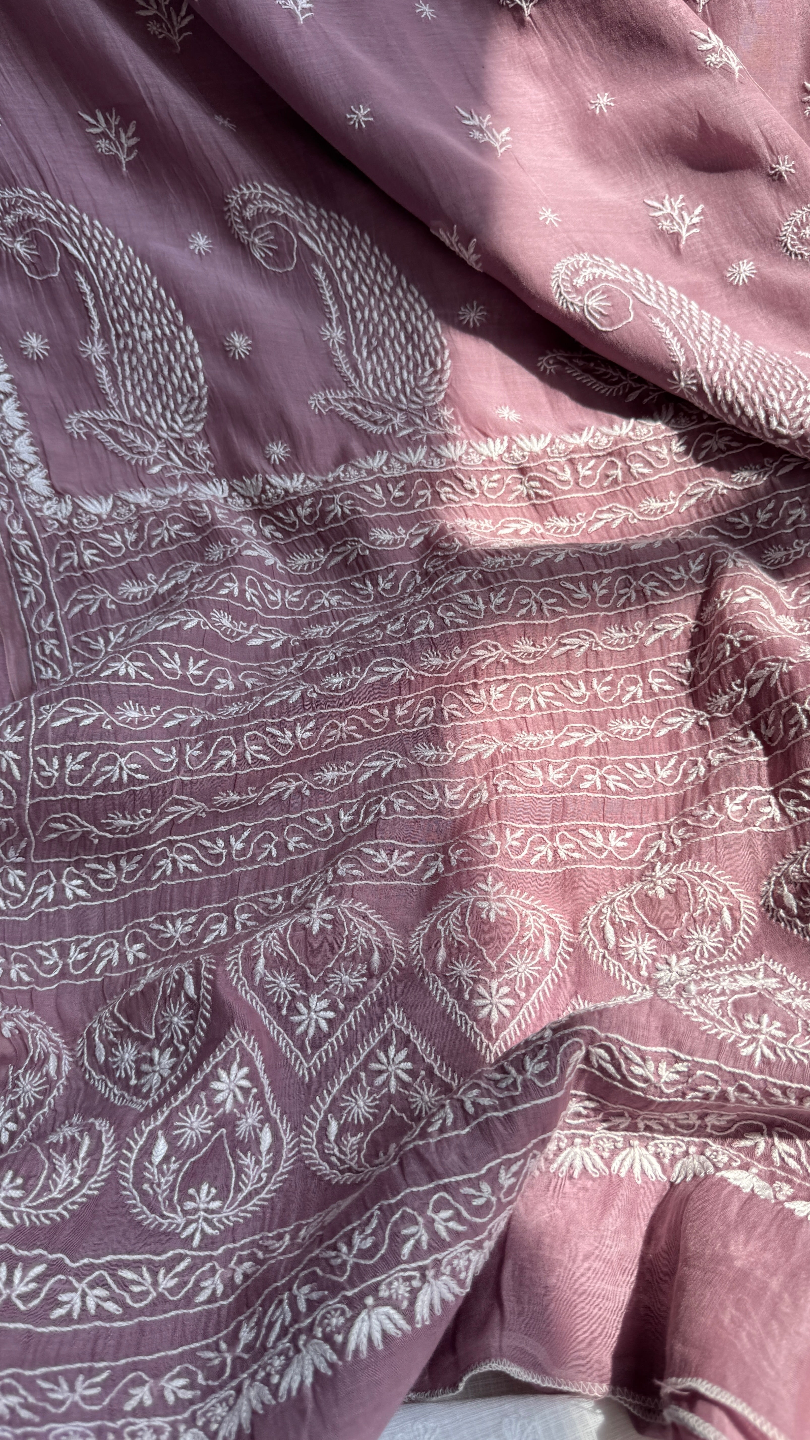 Pure Mul Chanderi Chikankari saree in Dusty Mauve