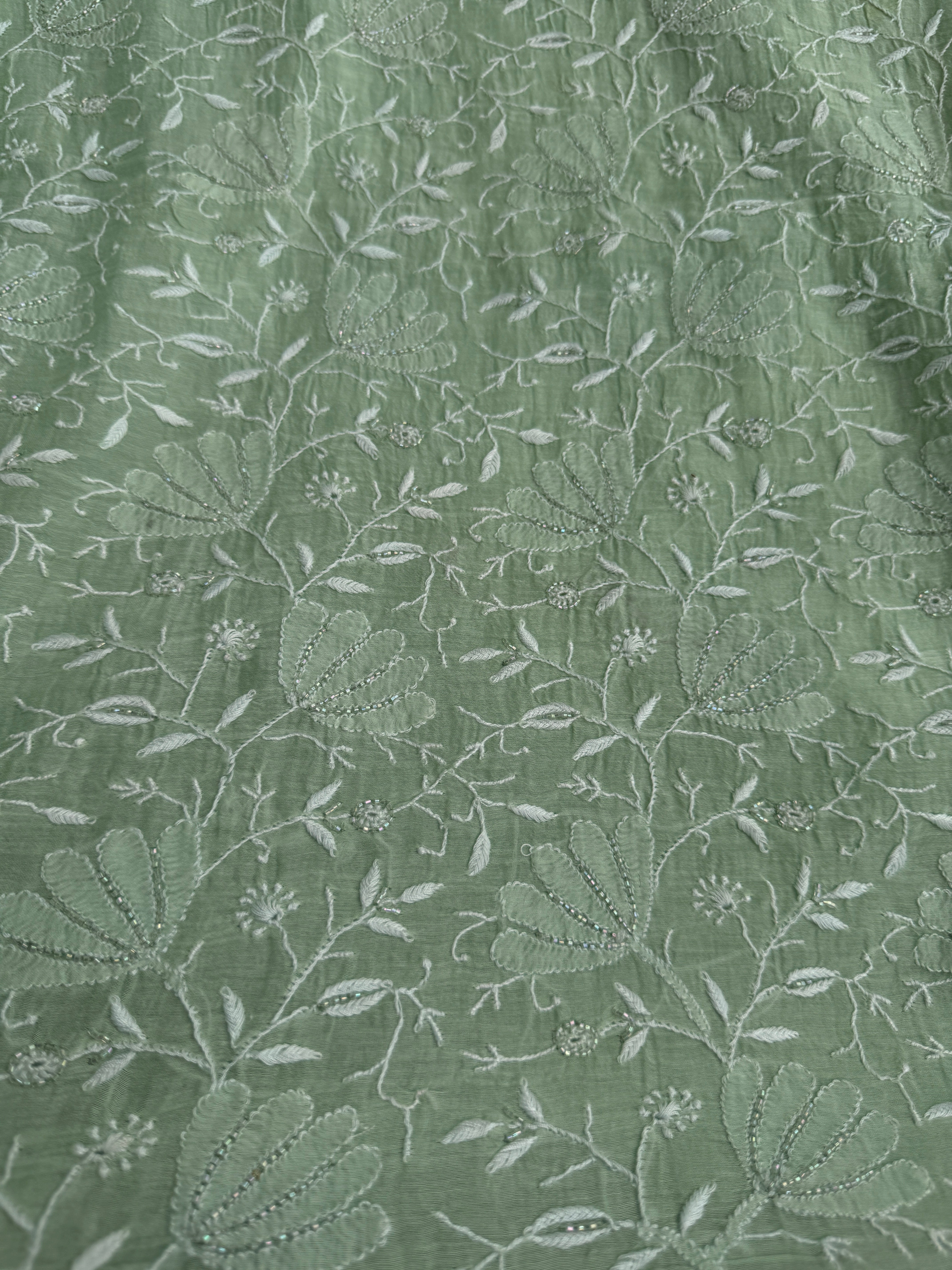 Mul Chanderi Chikankari Unstitched Length with Dupatta -Green ARIAA CHIKANKARI