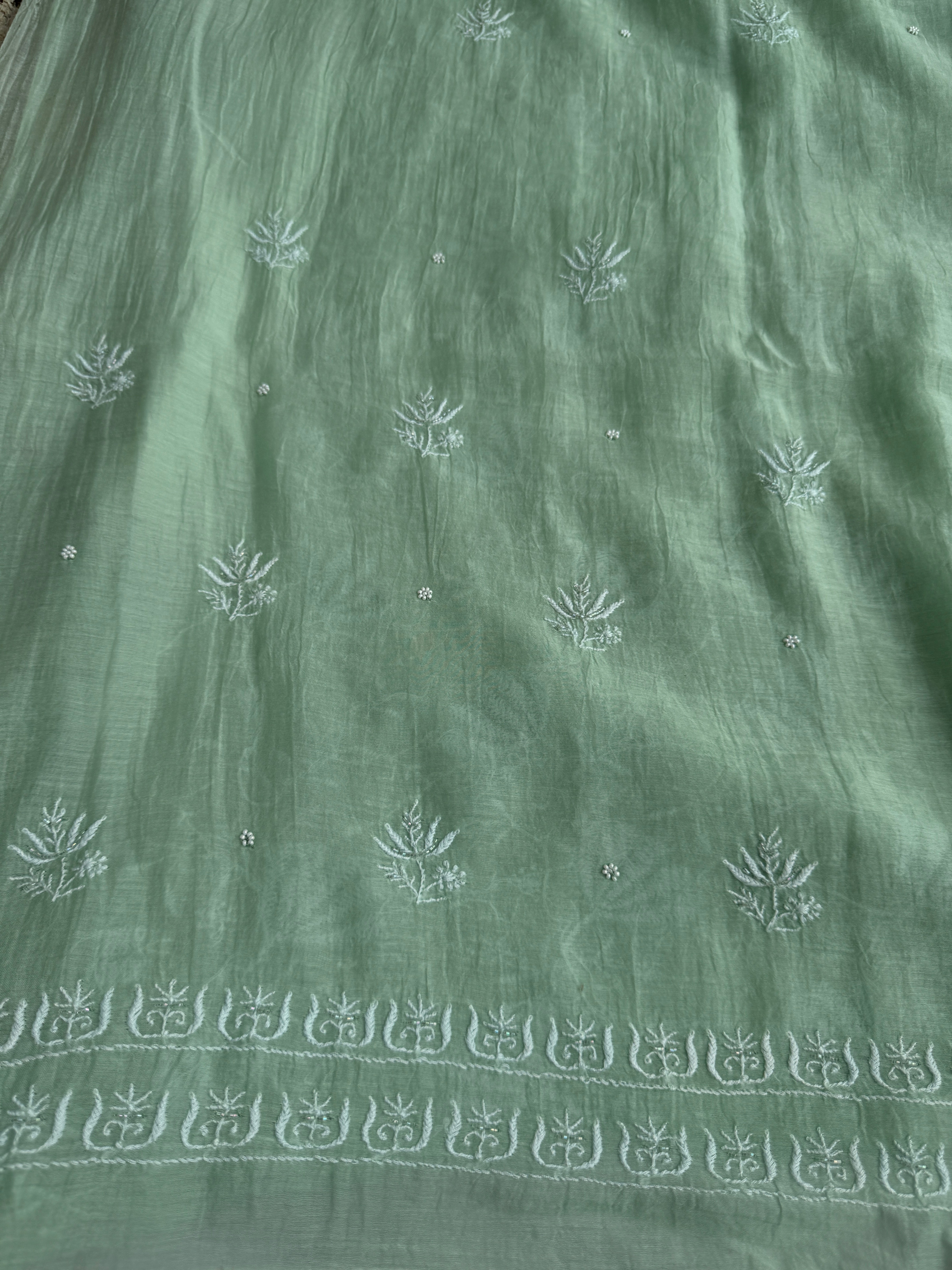 Mul Chanderi Chikankari Unstitched Length with Dupatta -Green ARIAA CHIKANKARI