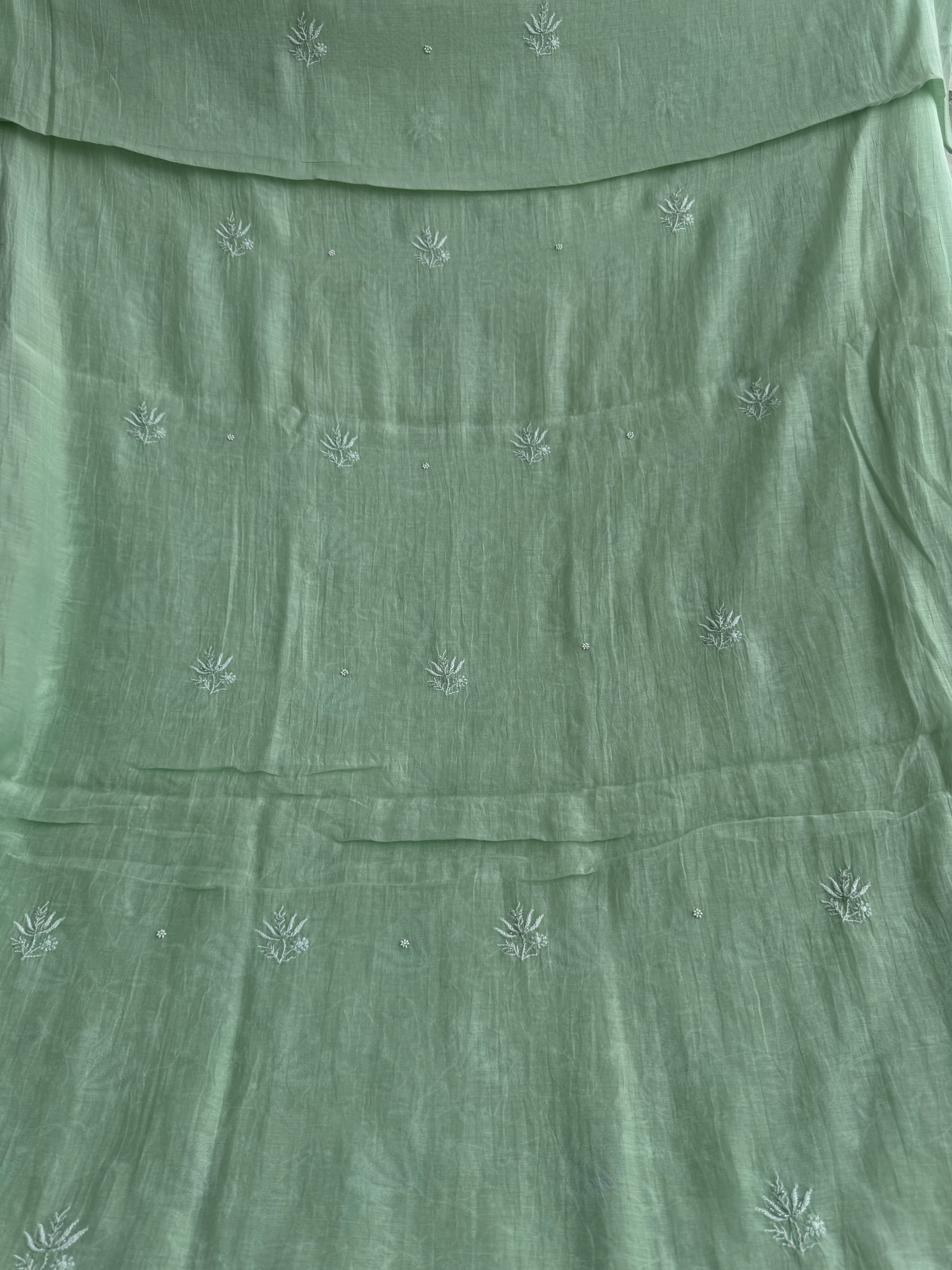 Mul Chanderi Chikankari Unstitched Length with Dupatta -Green ARIAA CHIKANKARI