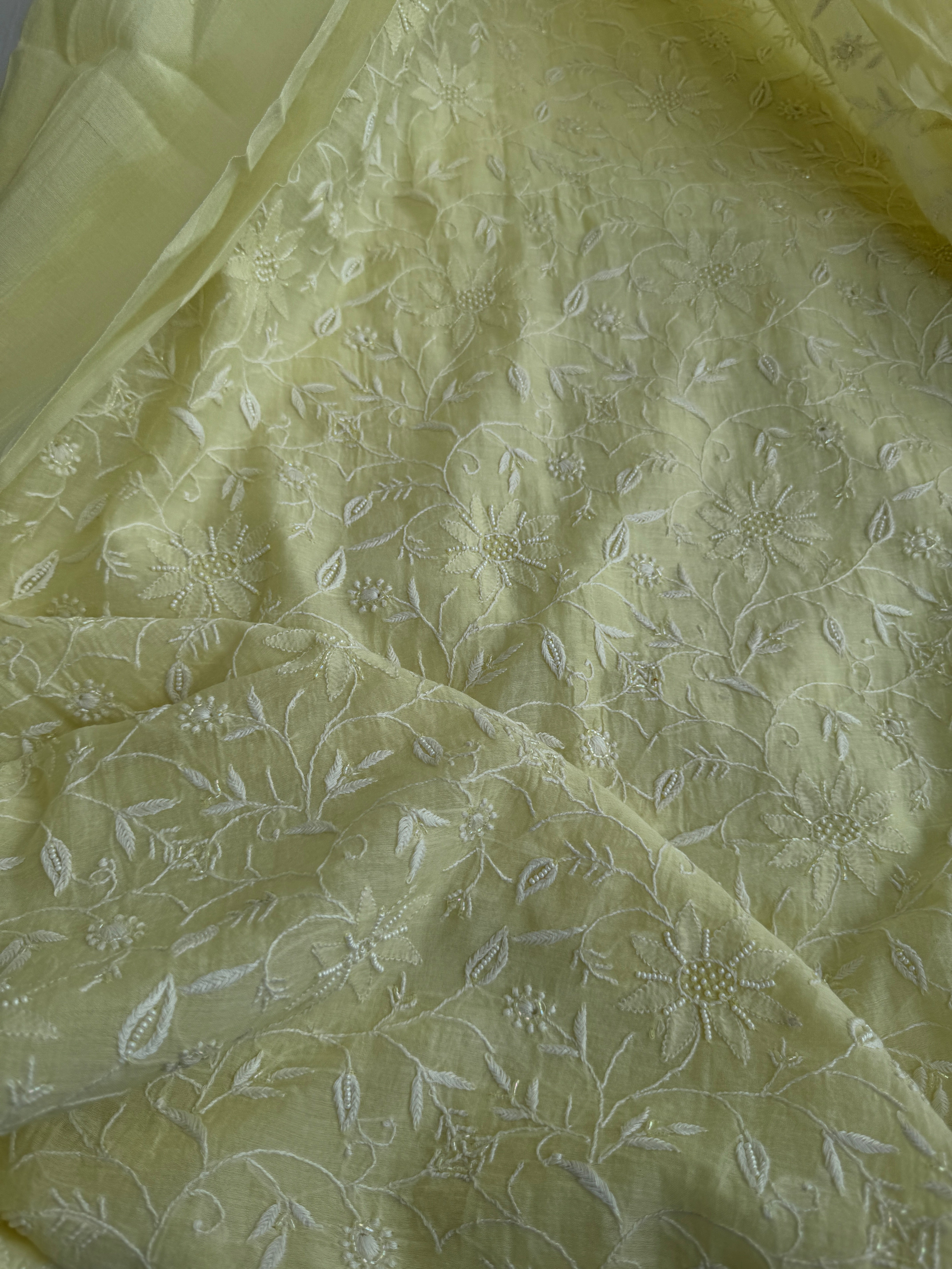 Mul Chanderi Chikankari Unstitched Length with Dupatta - Lemon Yellow ARIAA CHIKANKARI