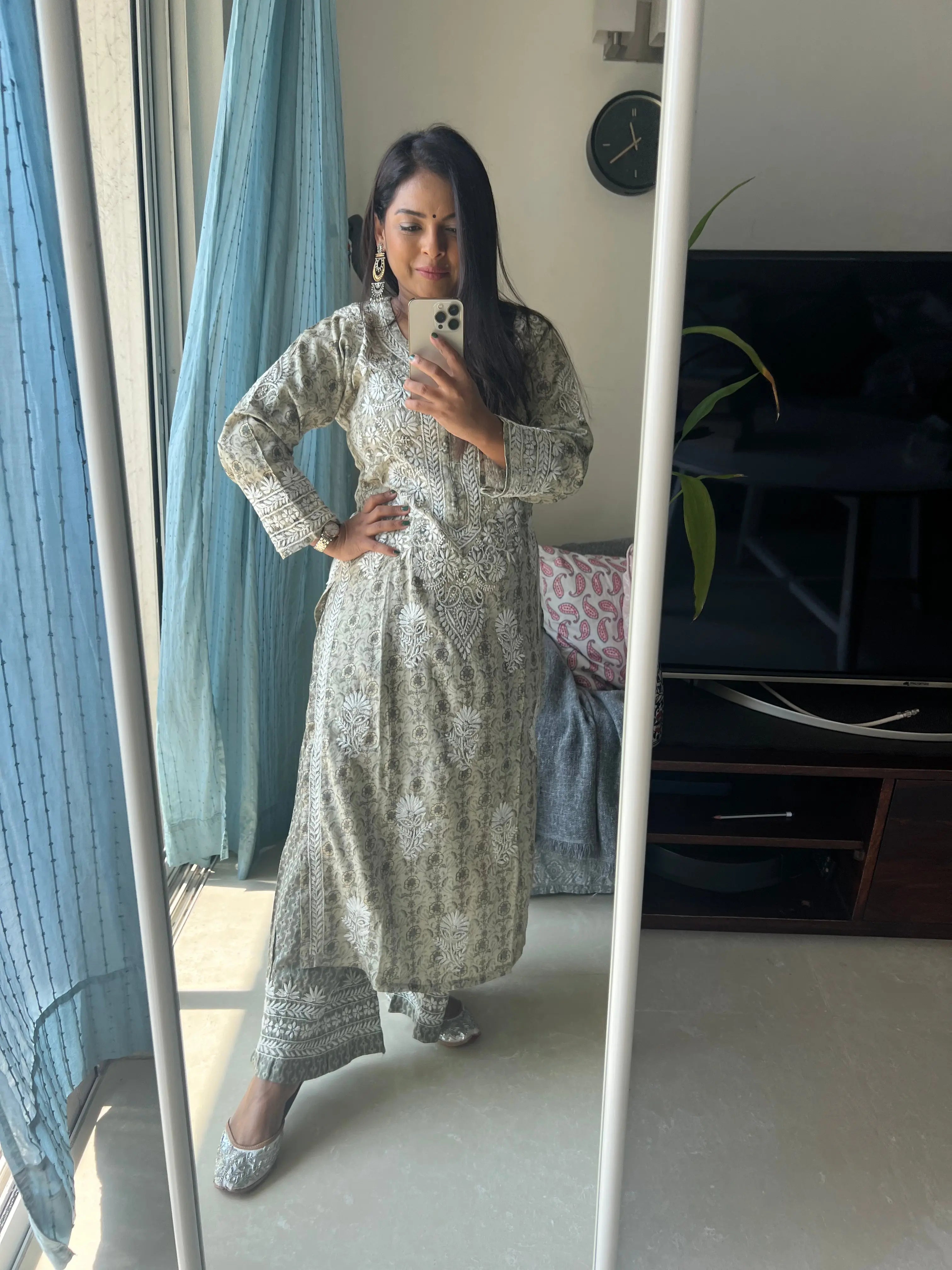 Cotton Printed Chikankari Set - Olive Green ARIAA CHIKANKARI