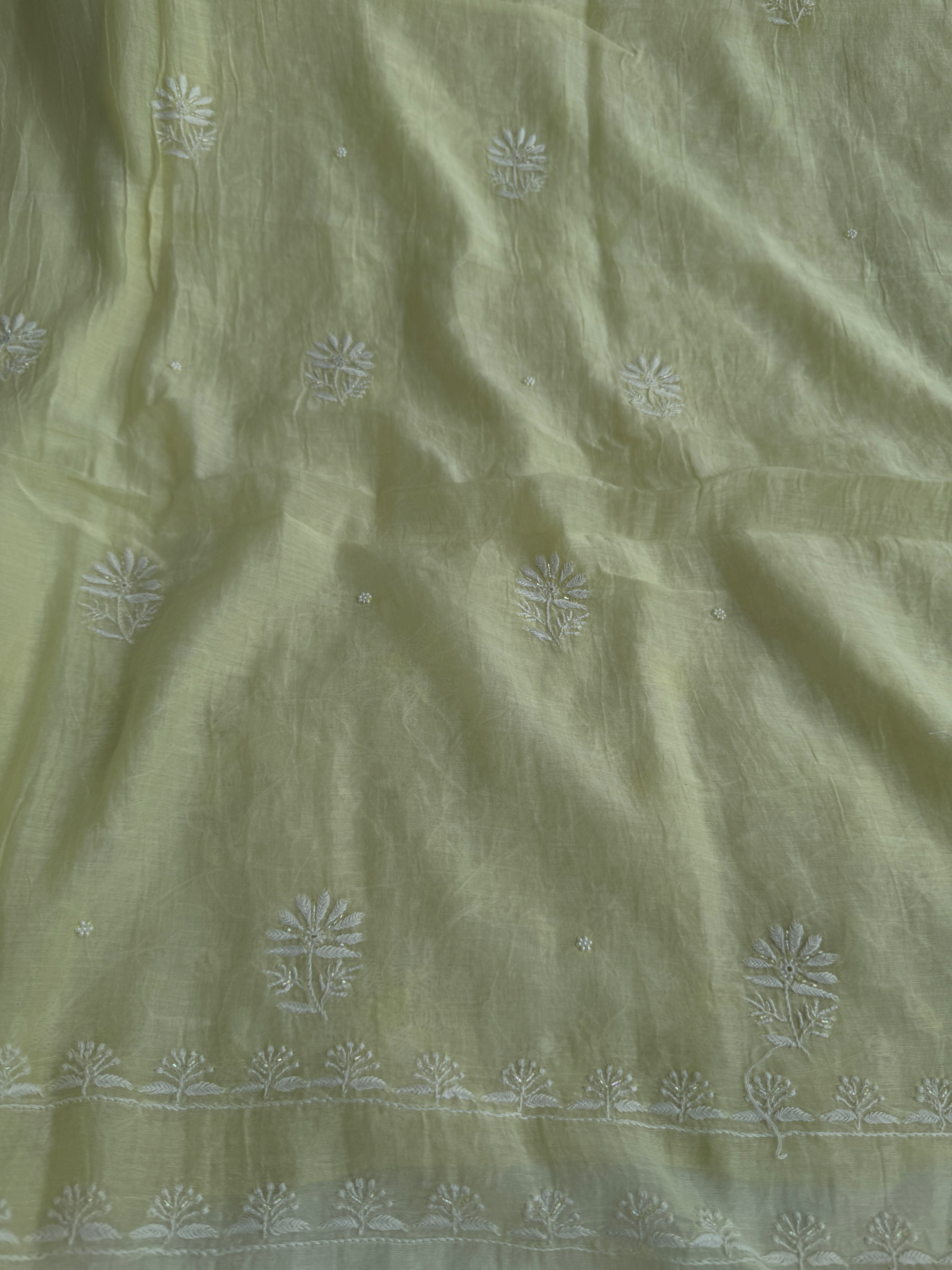 Mul Chanderi Chikankari Unstitched Length with Dupatta - Lemon Yellow ARIAA CHIKANKARI