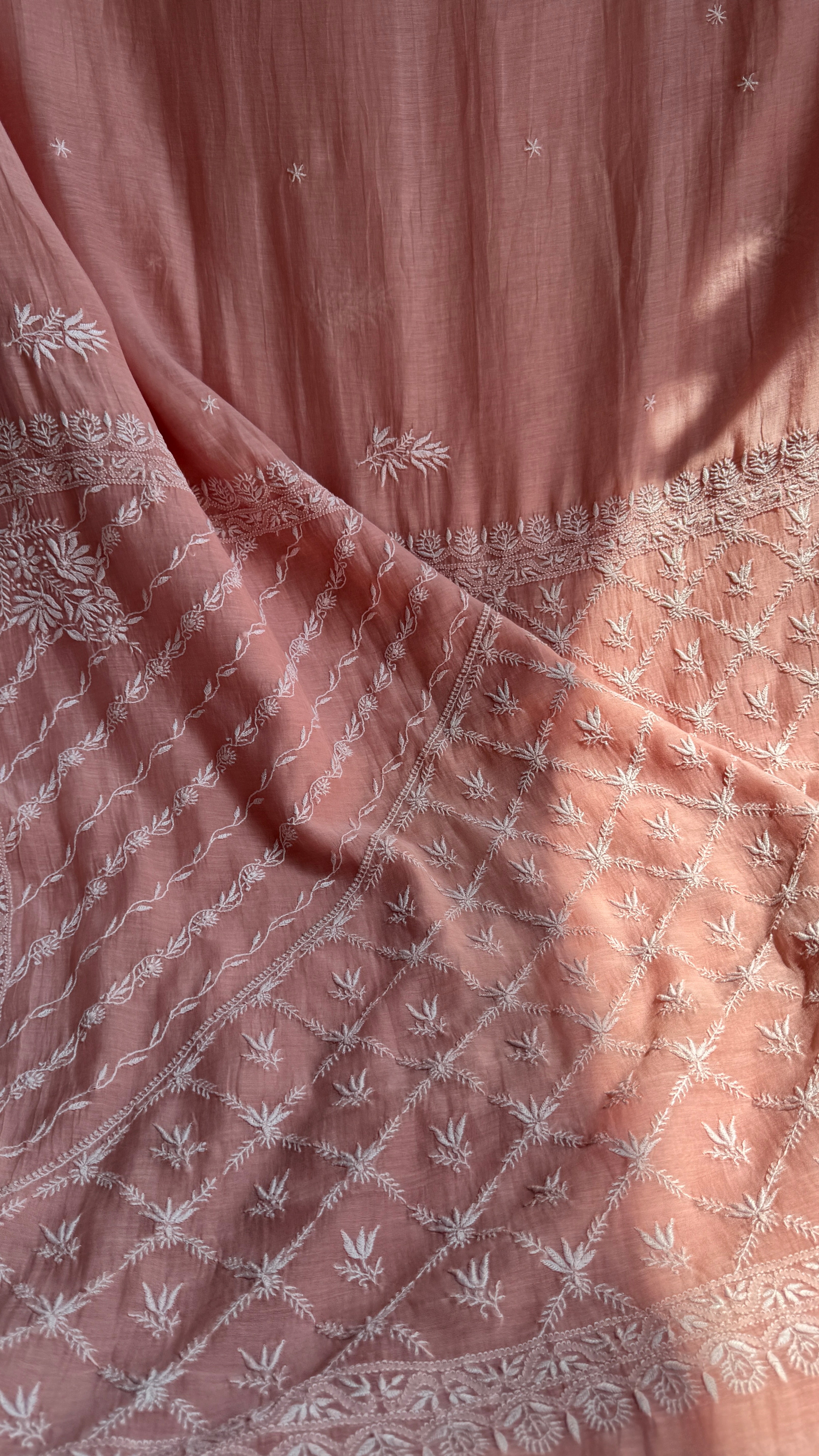 Pure Mul Chanderi Chikankari saree in Pale Pink