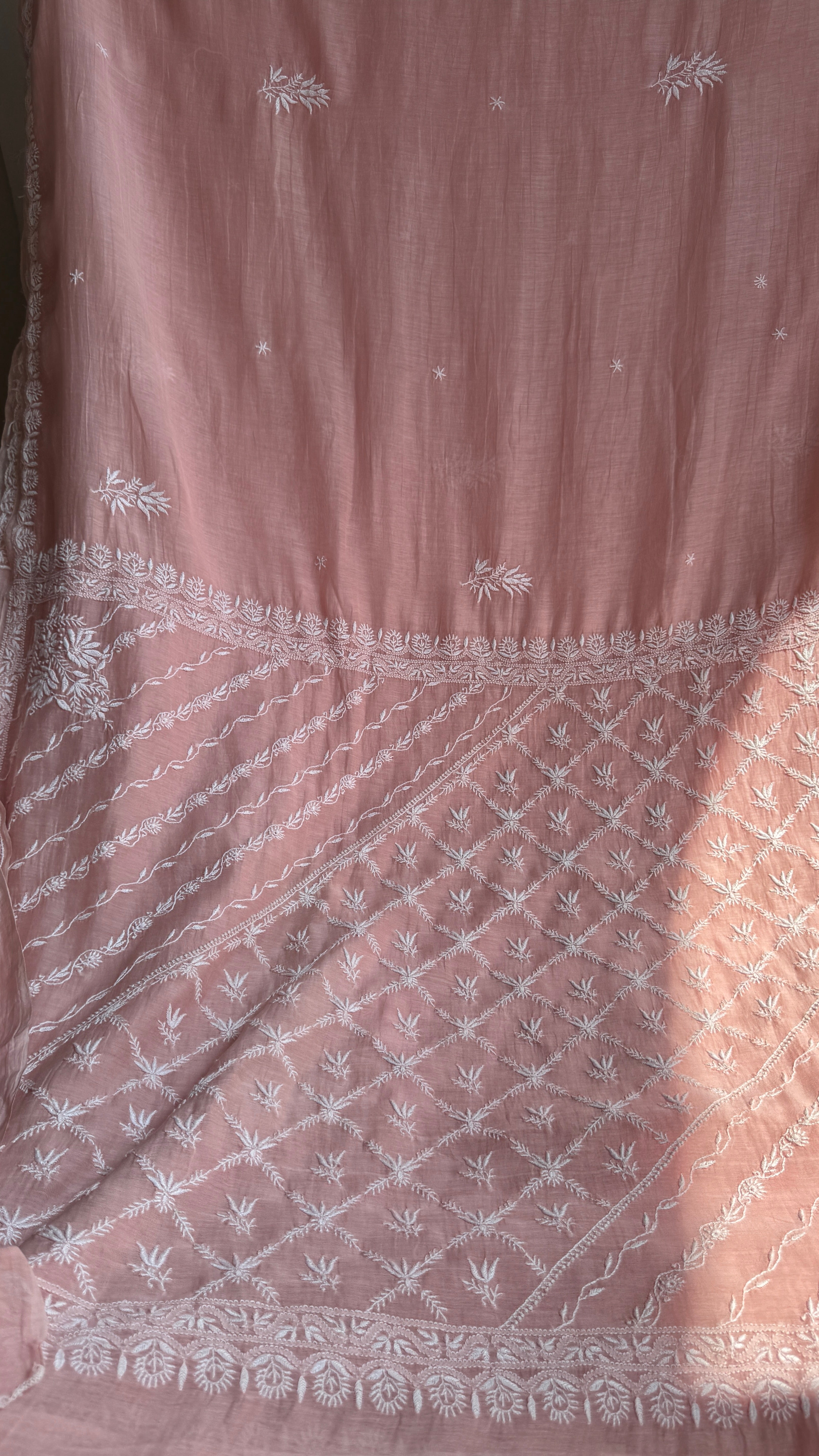 Pure Mul Chanderi Chikankari saree in Pale Pink