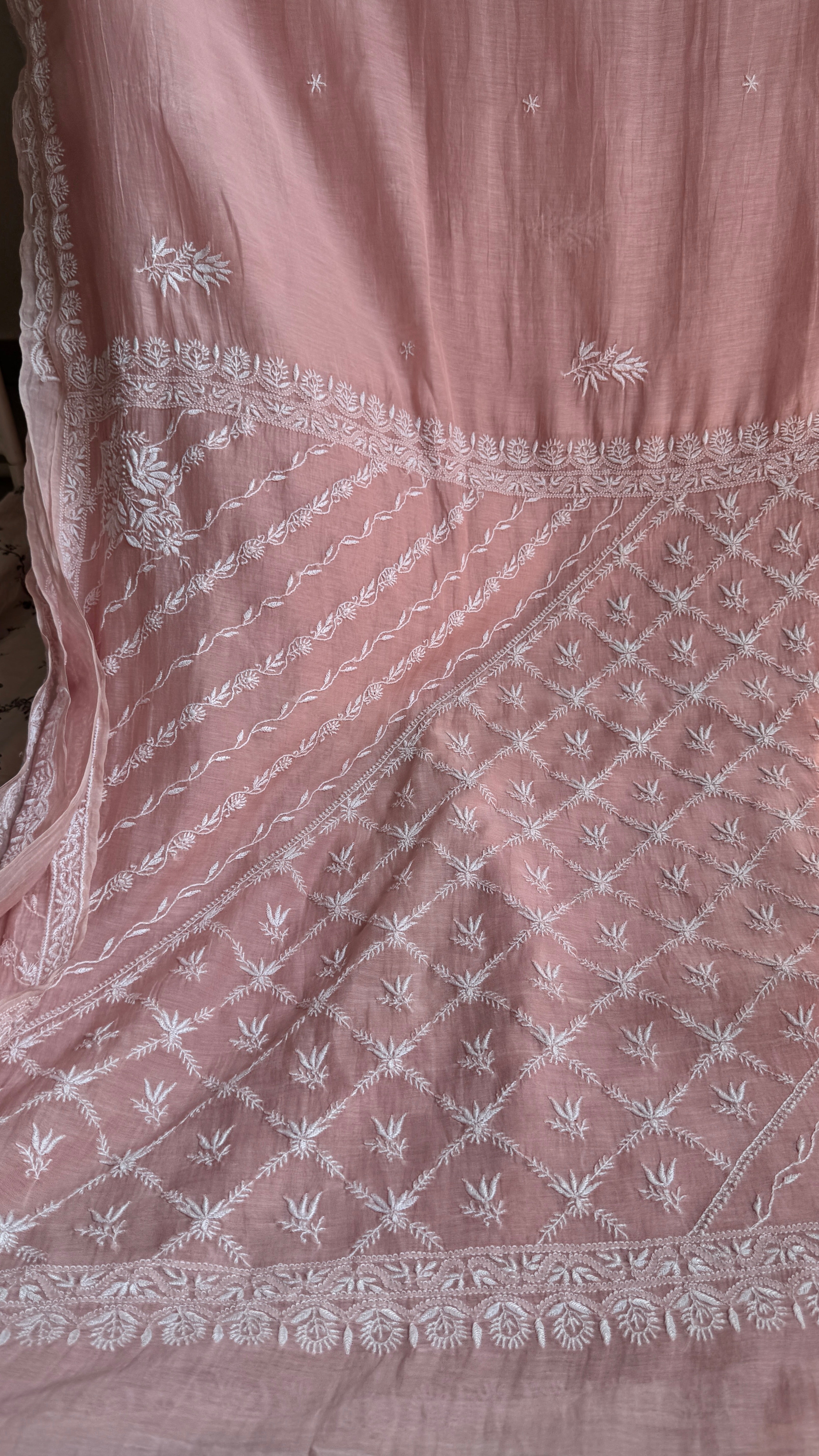 Pure Mul Chanderi Chikankari saree in Pale Pink