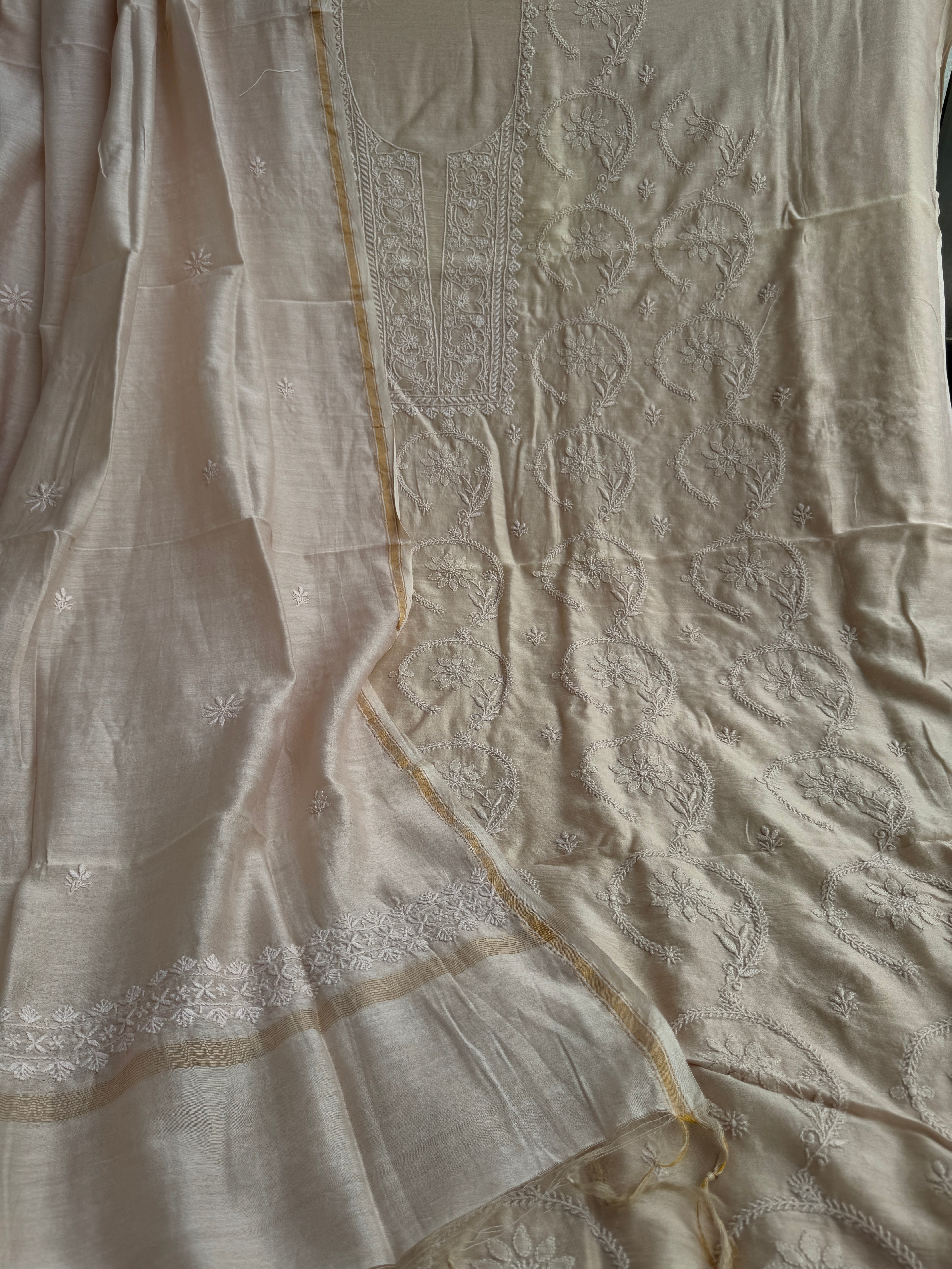 Chanderi Chikankari Length with Dupatta - Beige ARIAA CHIKANKARI