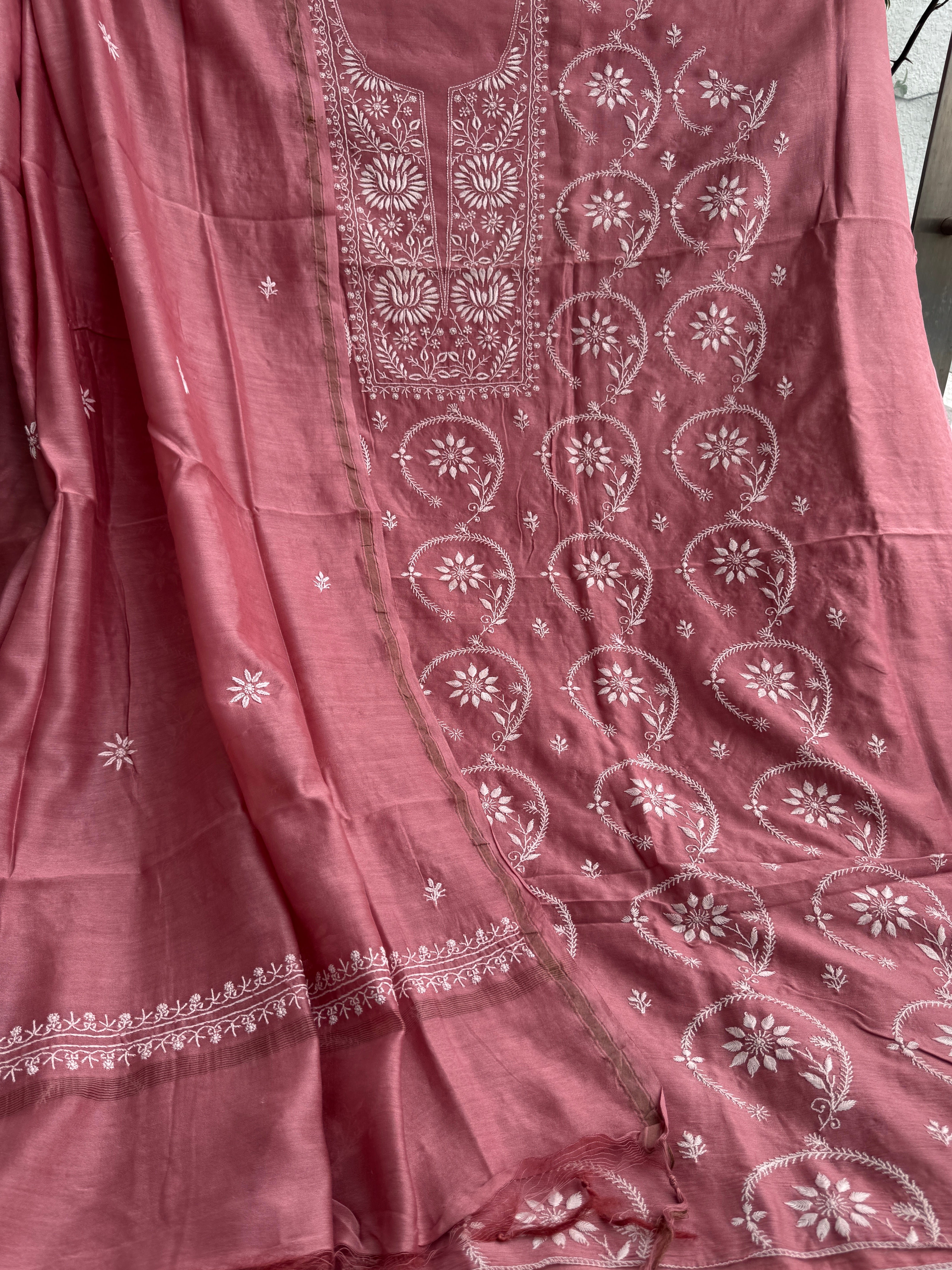 Chanderi Chikankari Length with Dupatta - Rosewood ARIAA CHIKANKARI
