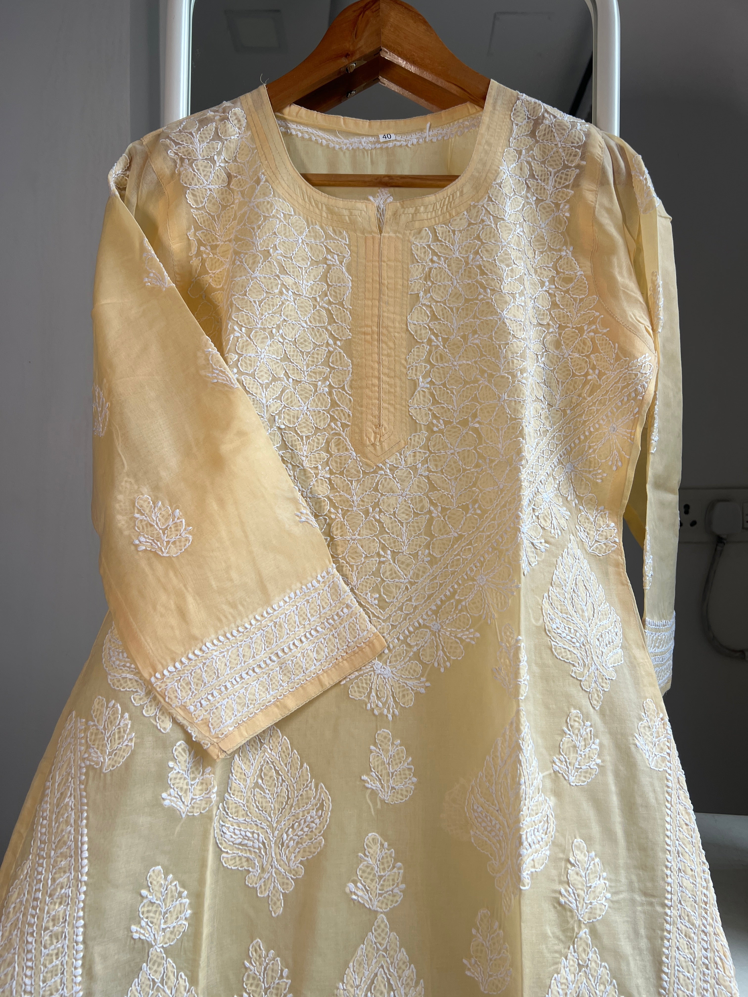 Cotton Chikankari Kurti - Beige -white thread work ARIAA CHIKANKARI
