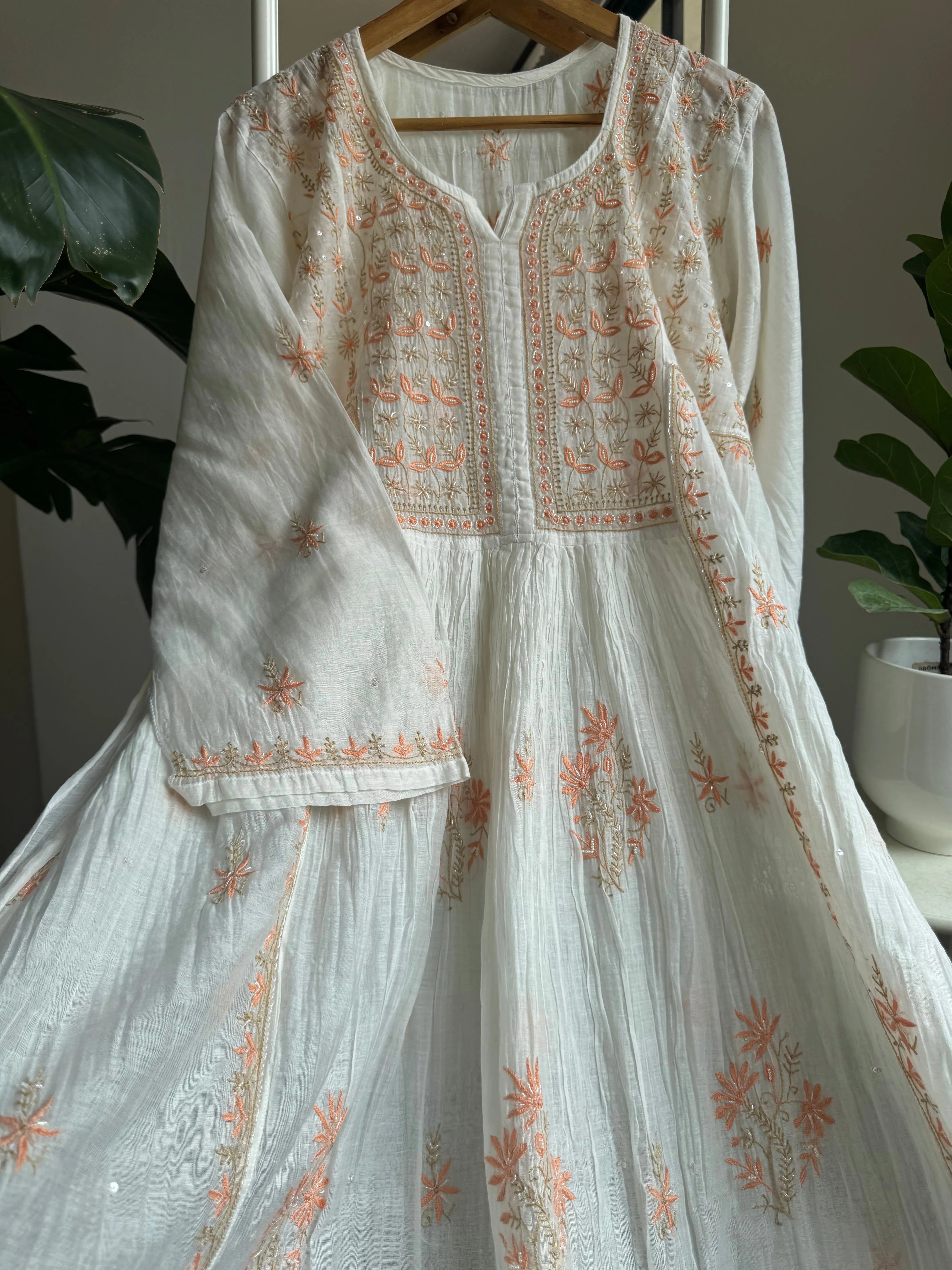 Mul Chanderi Anarkali - White ARIAA CHIKANKARI
