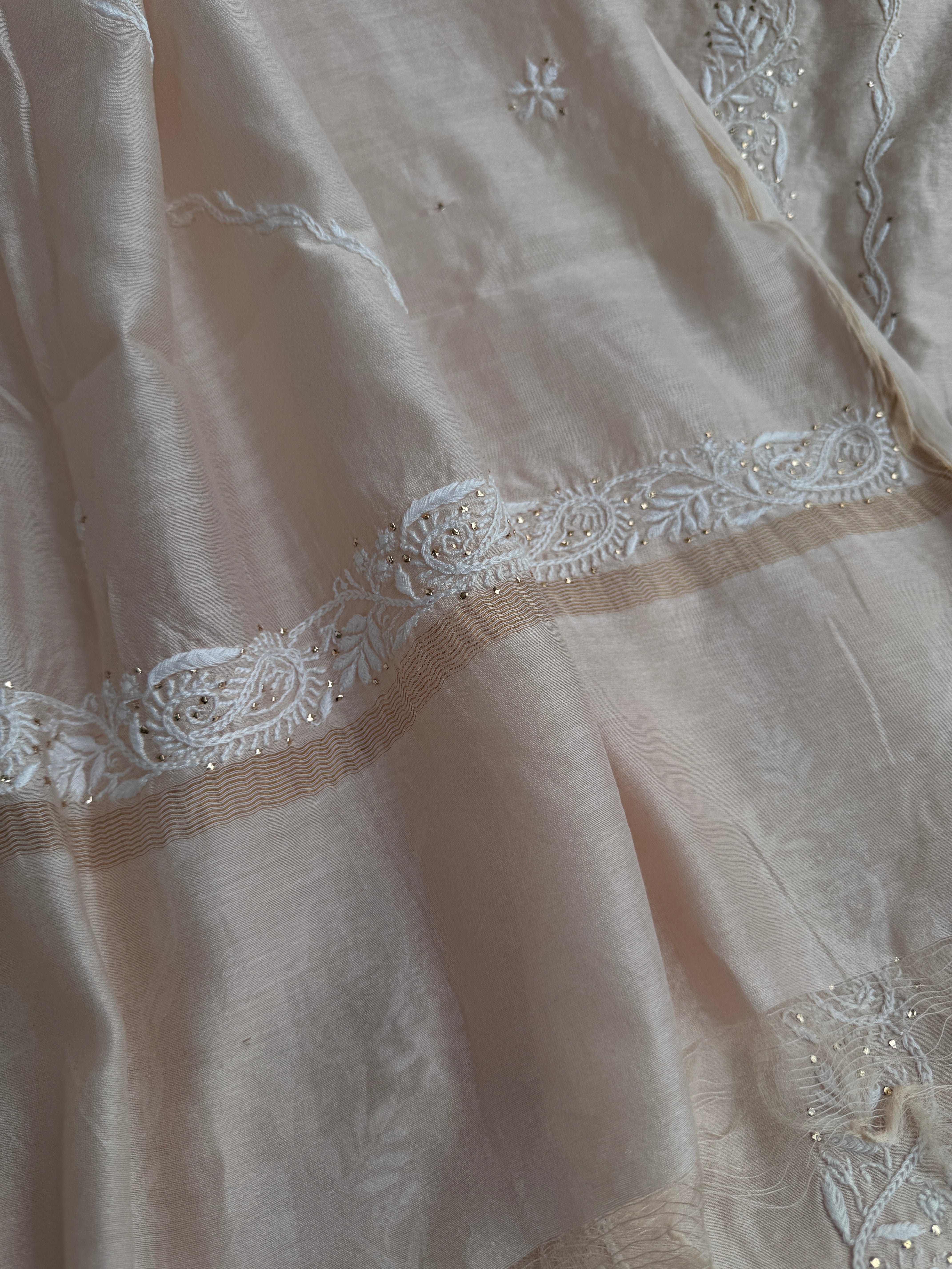 Chanderi Chikankari Length Mukaish with Dupatta - Pale Pink ARIAA CHIKANKARI