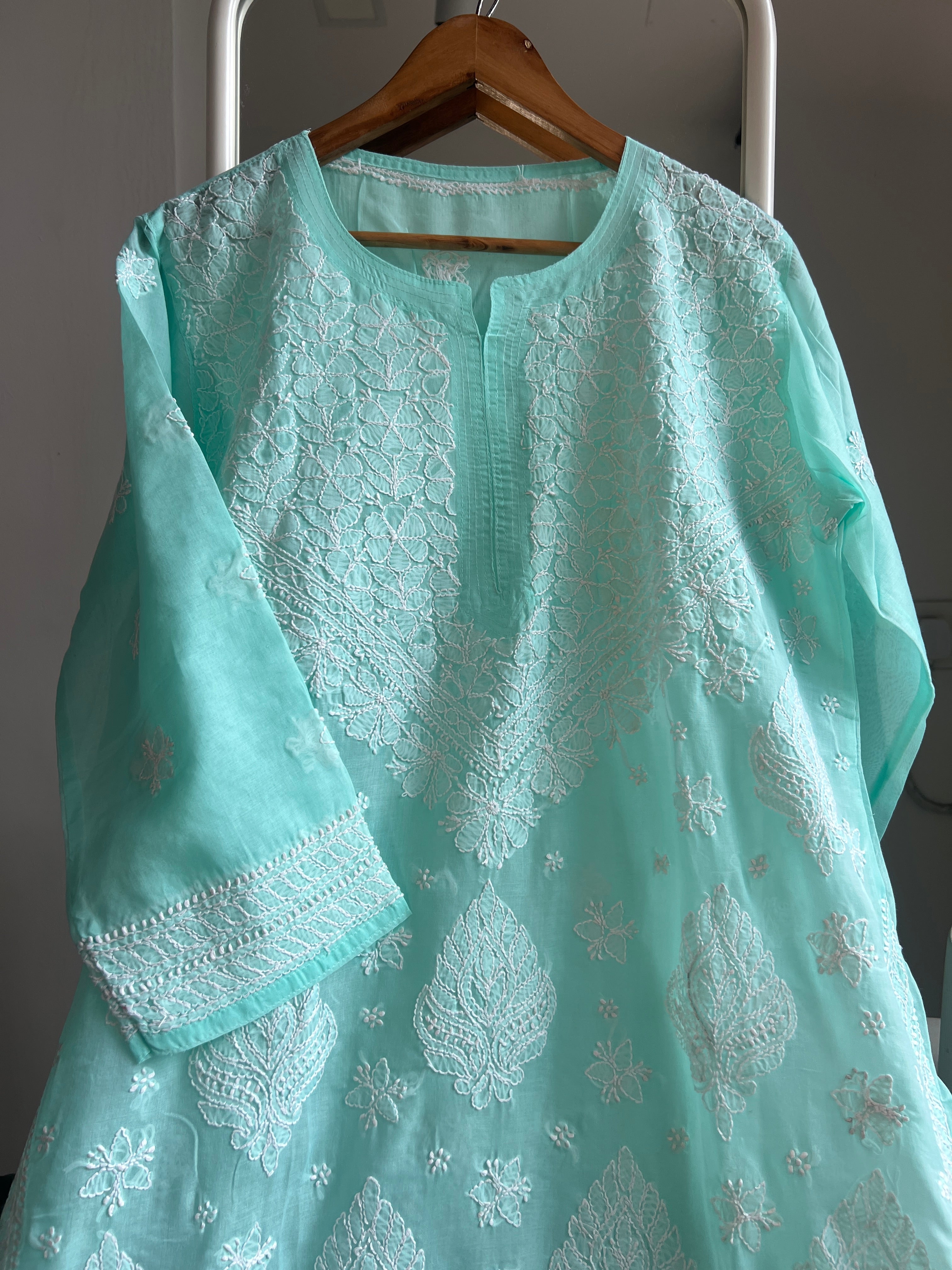 Cotton Chikankari Kurti - Cyan Green -white thread work ARIAA CHIKANKARI