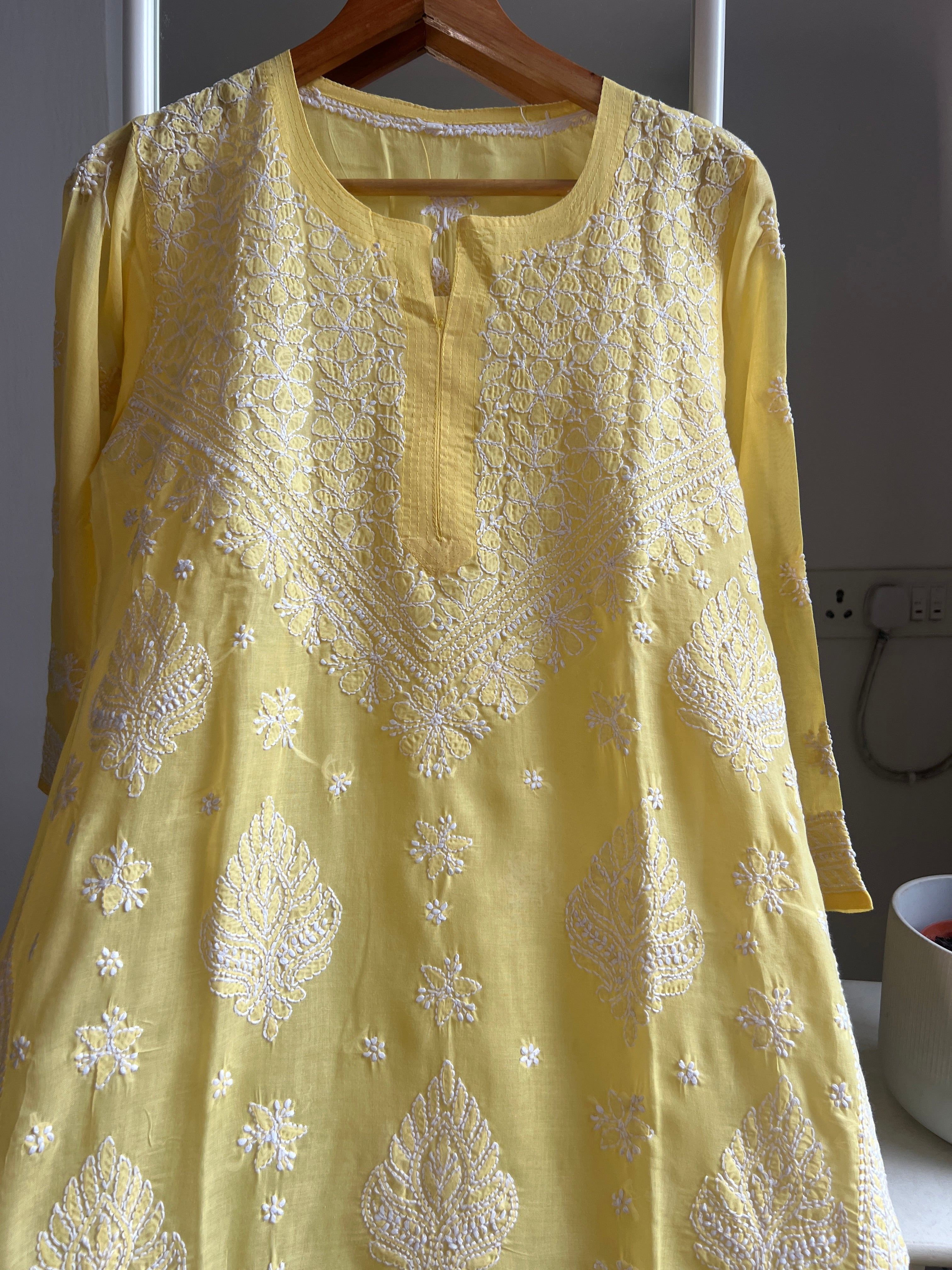 Cotton Chikankari Kurti - Yellow -white thread work ARIAA CHIKANKARI