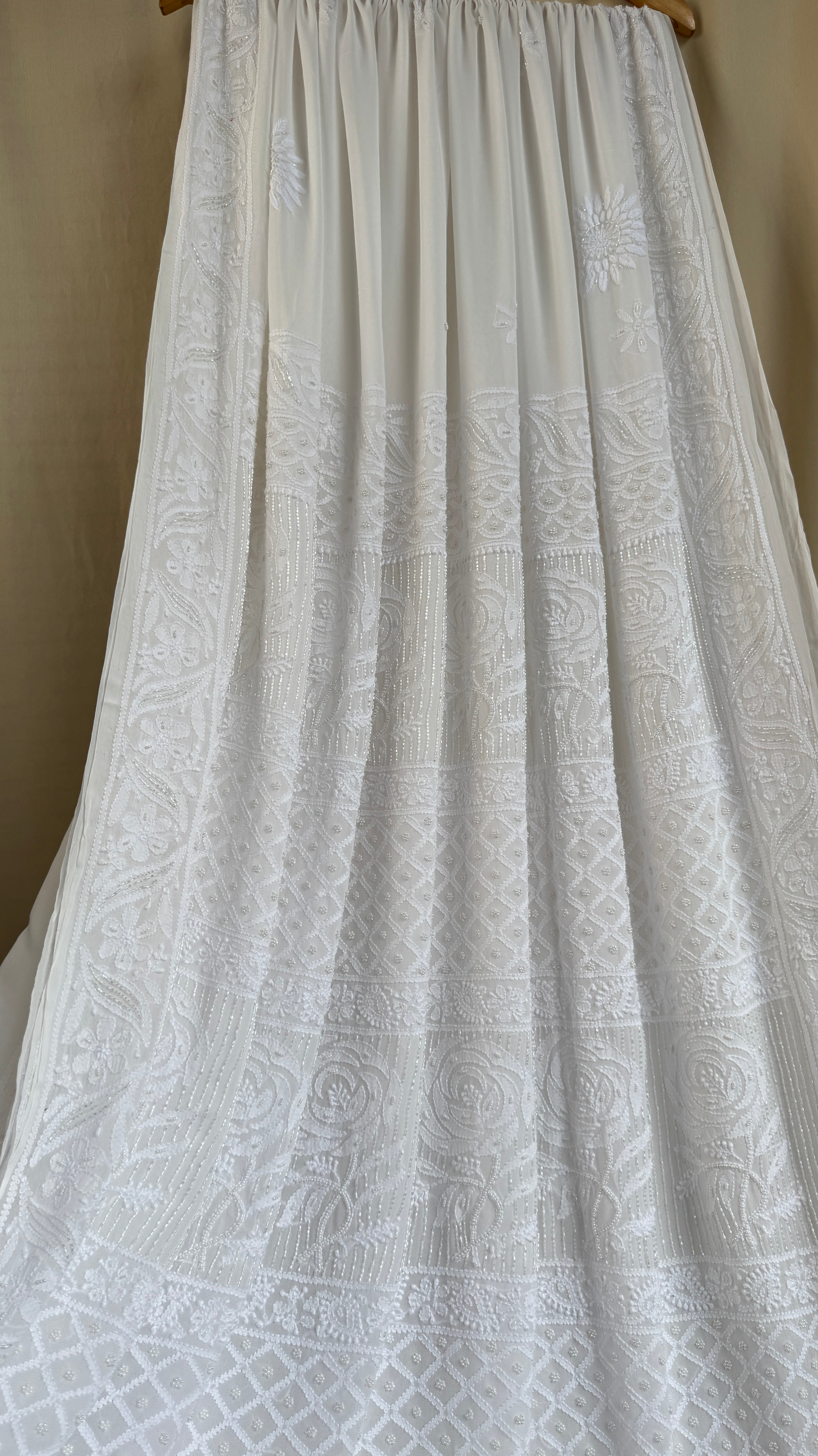 Viscose White Chikankari saree with Pearl embellishments