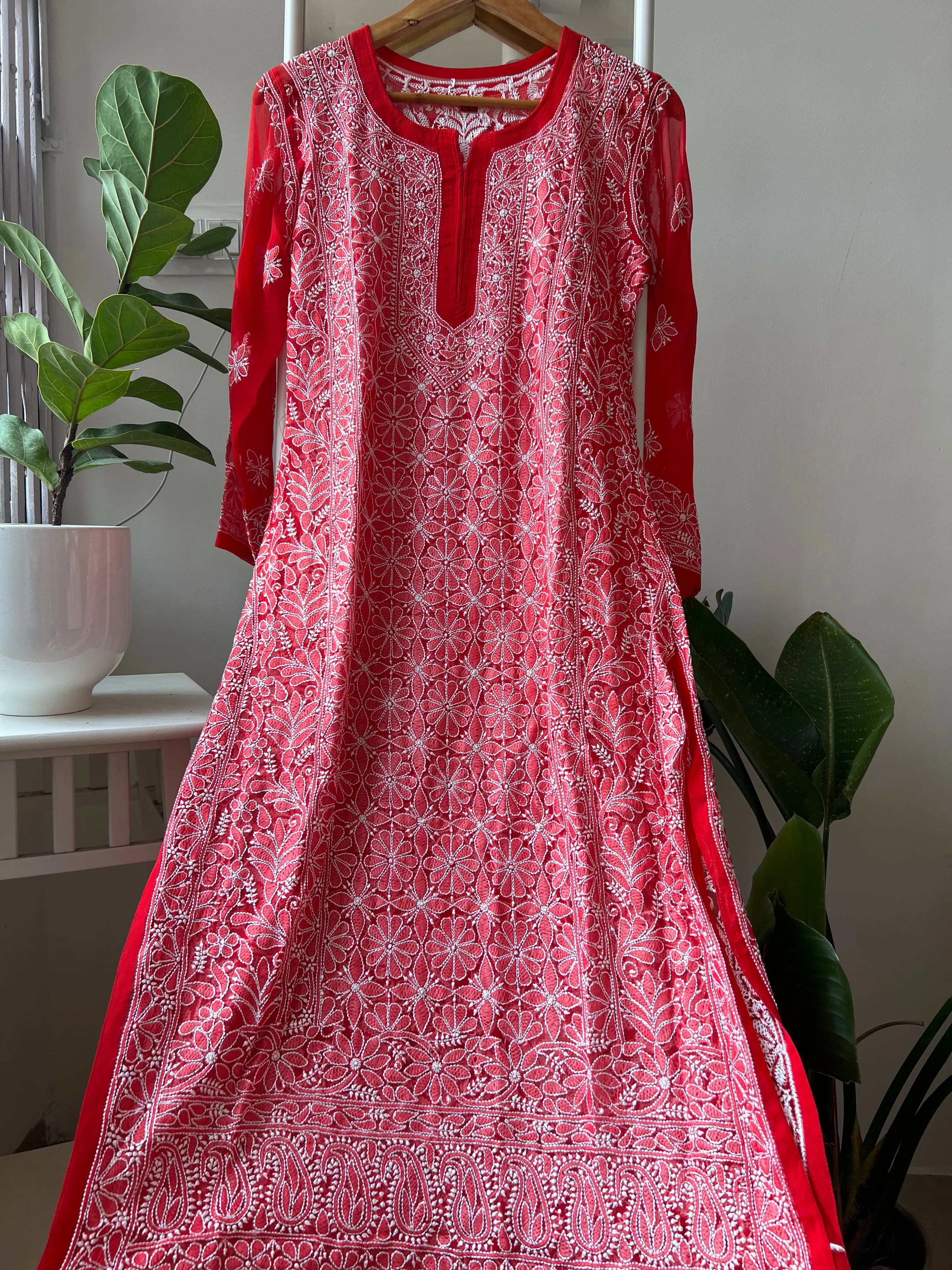 Chikankari Resham Full Jaal Kurti - Red ARIAA CHIKANKARI