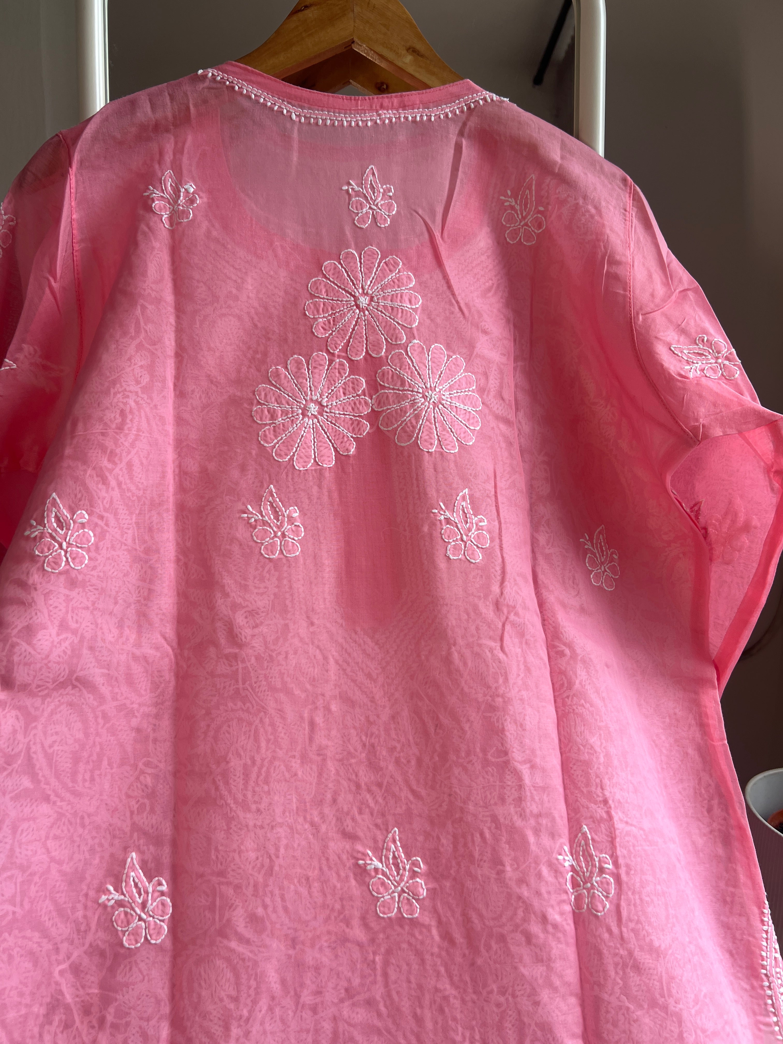 Cotton Chikankari Kurti - Pink -white thread work ARIAA CHIKANKARI