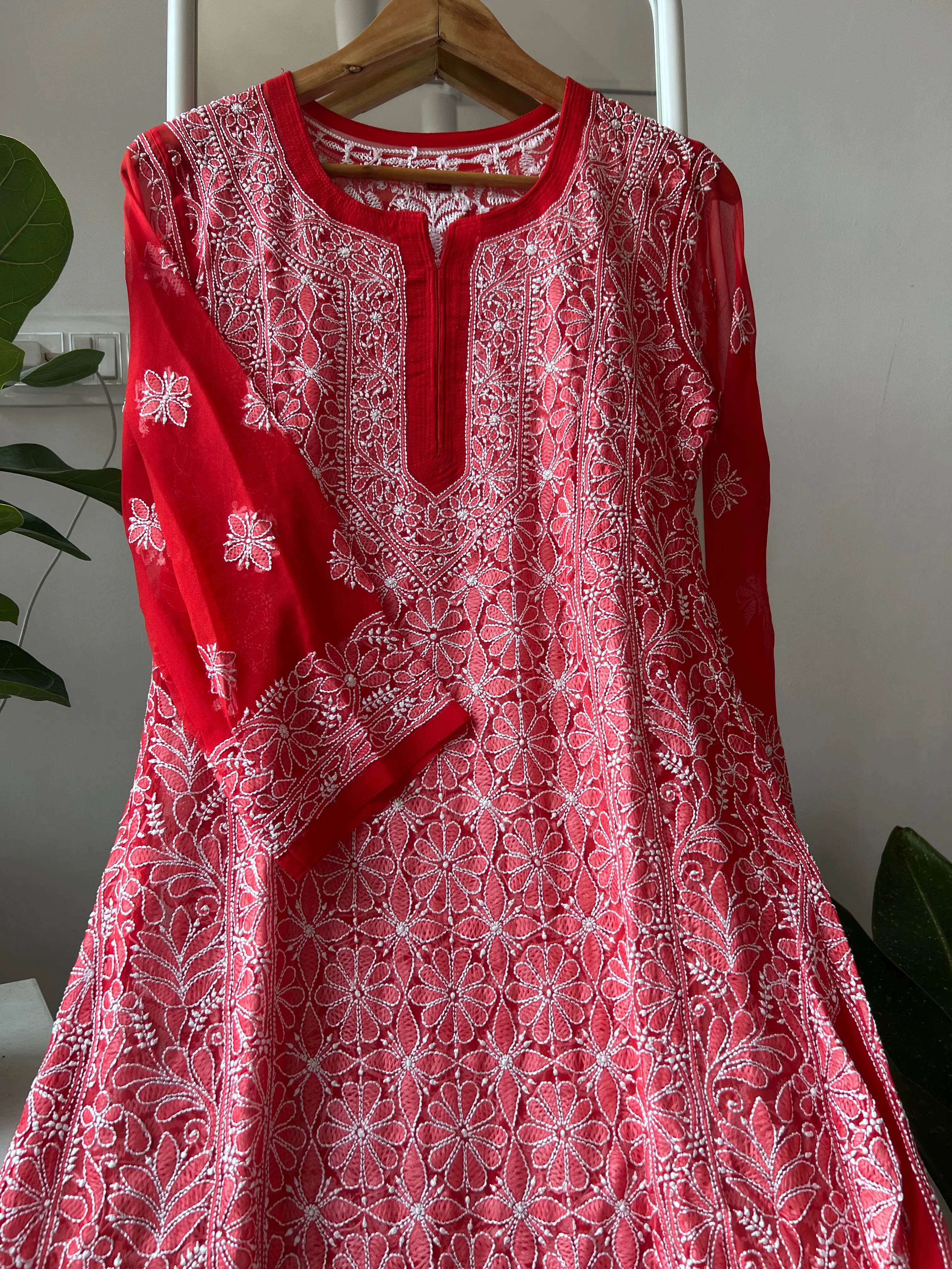 Chikankari Resham Full Jaal Kurti - Red ARIAA CHIKANKARI
