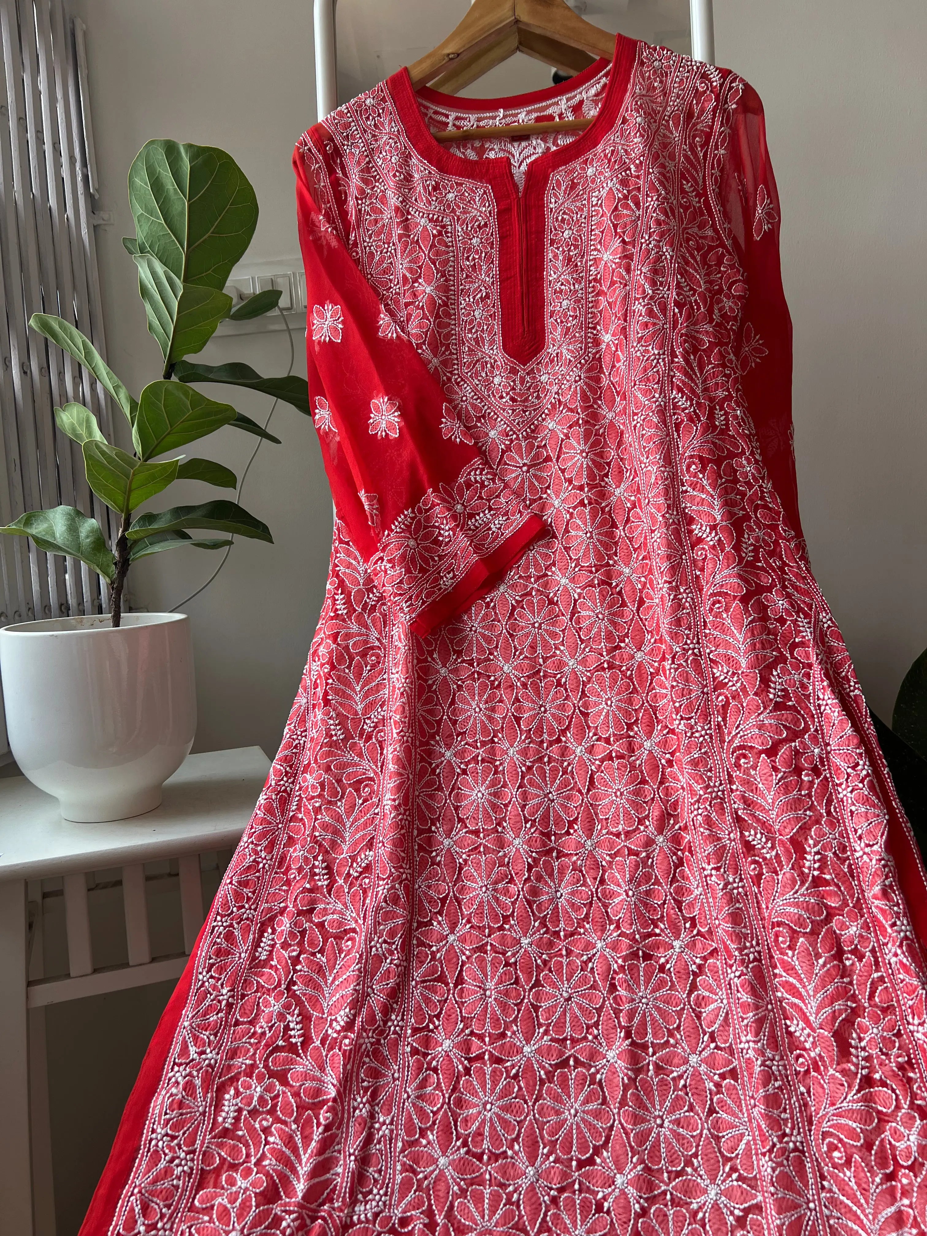 Chikankari Resham Full Jaal Kurti - Red ARIAA CHIKANKARI