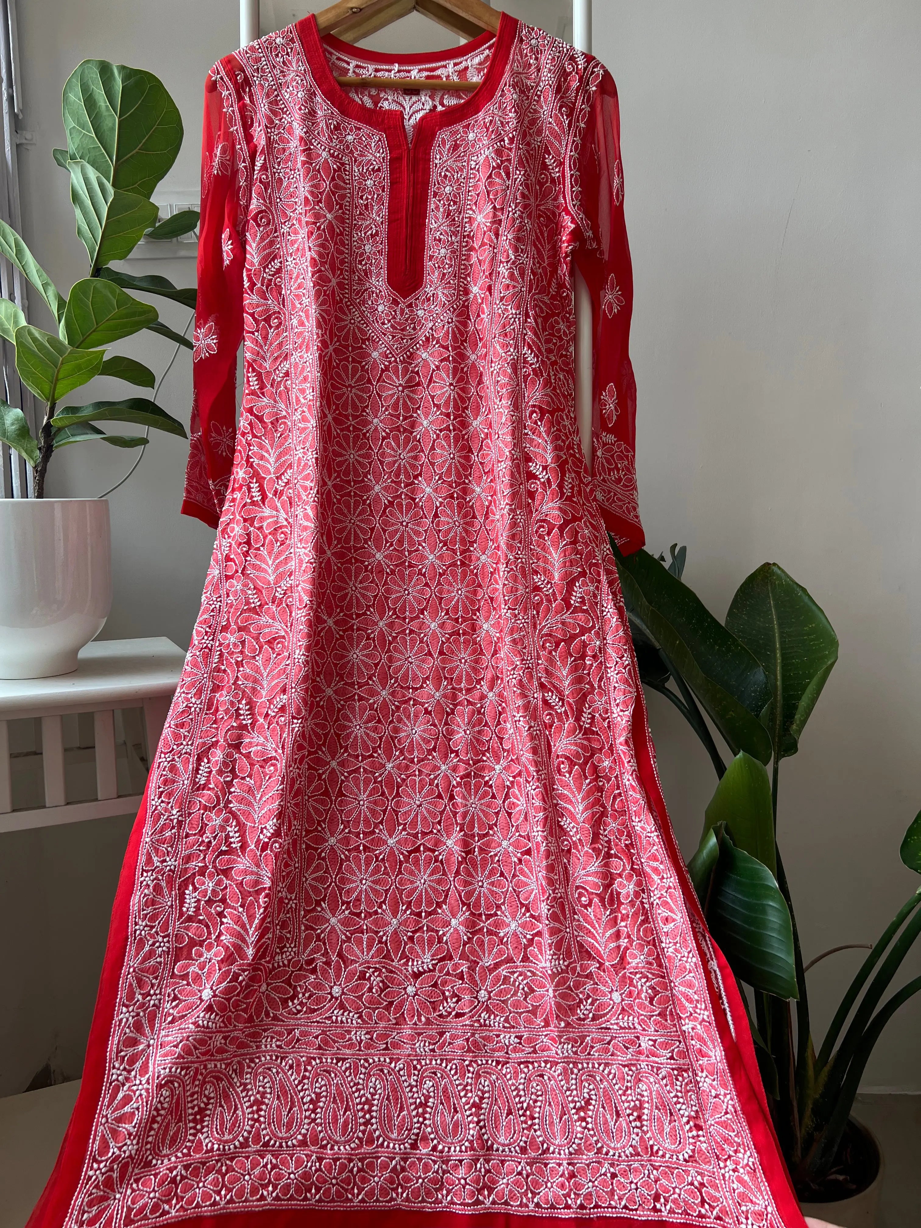 Chikankari Resham Full Jaal Kurti - Red ARIAA CHIKANKARI