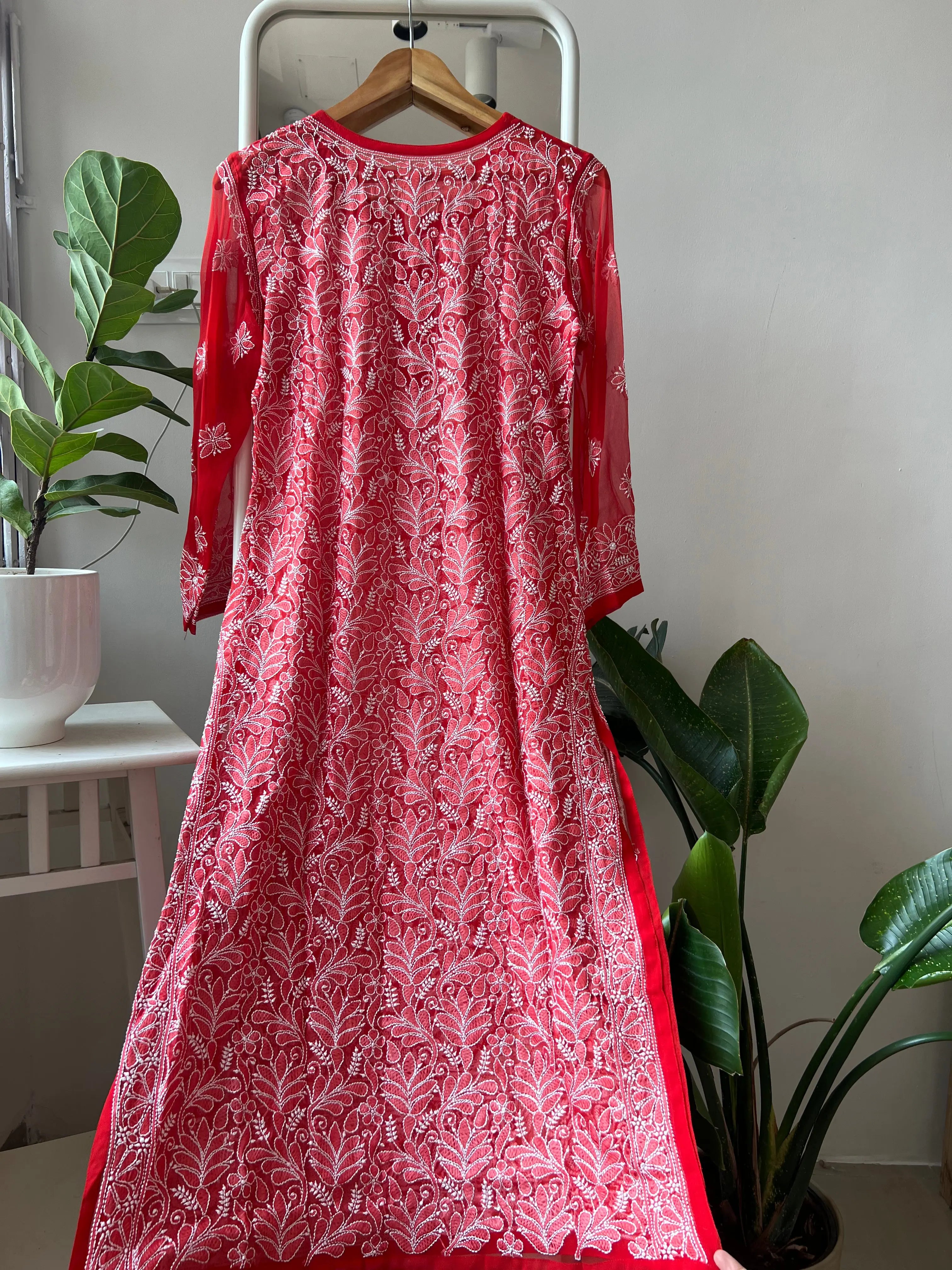 Chikankari Resham Full Jaal Kurti - Red ARIAA CHIKANKARI