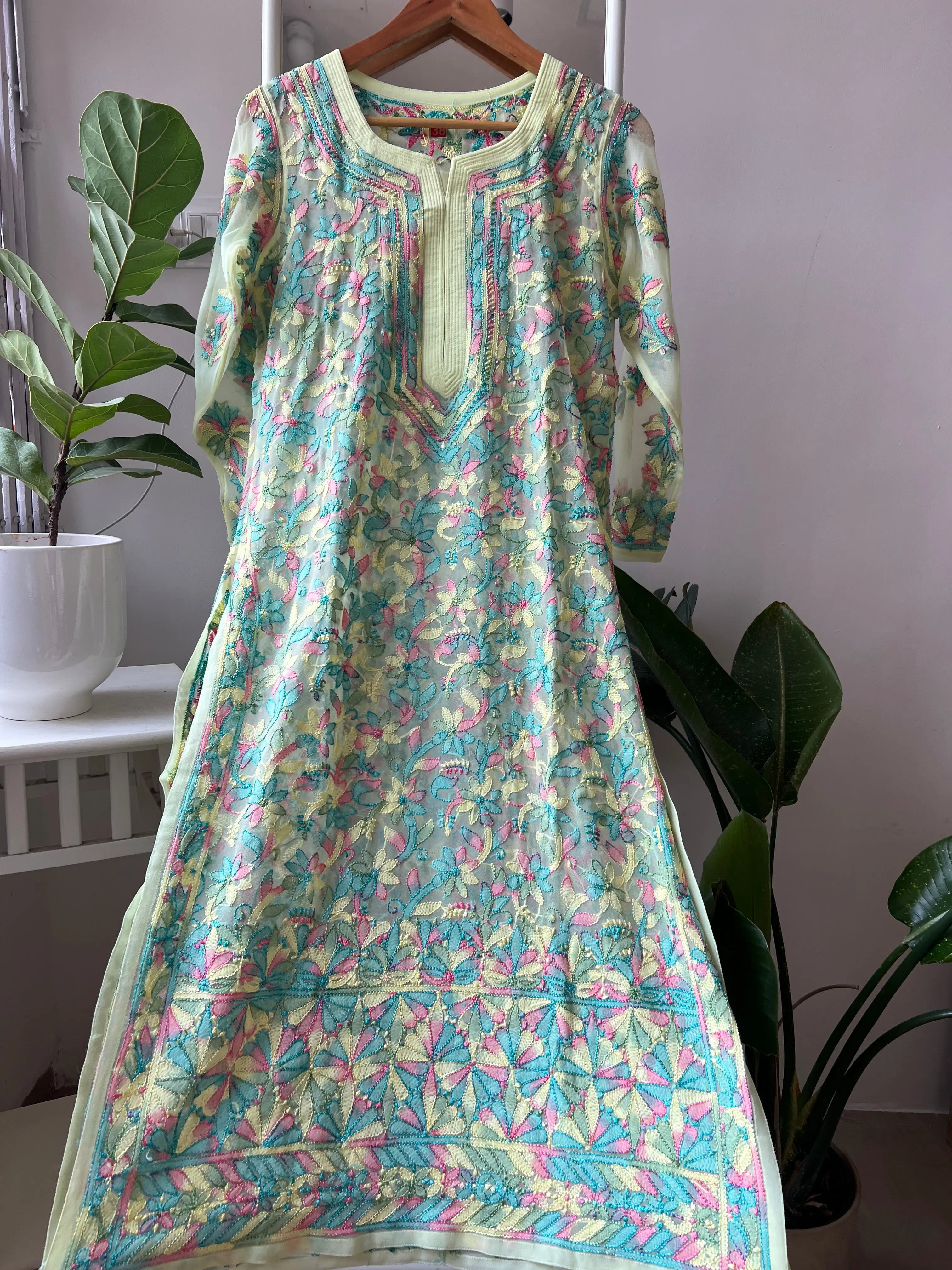 Chikankari Resham Full Jaal Kurti - Yellow Multi-Color ARIAA CHIKANKARI