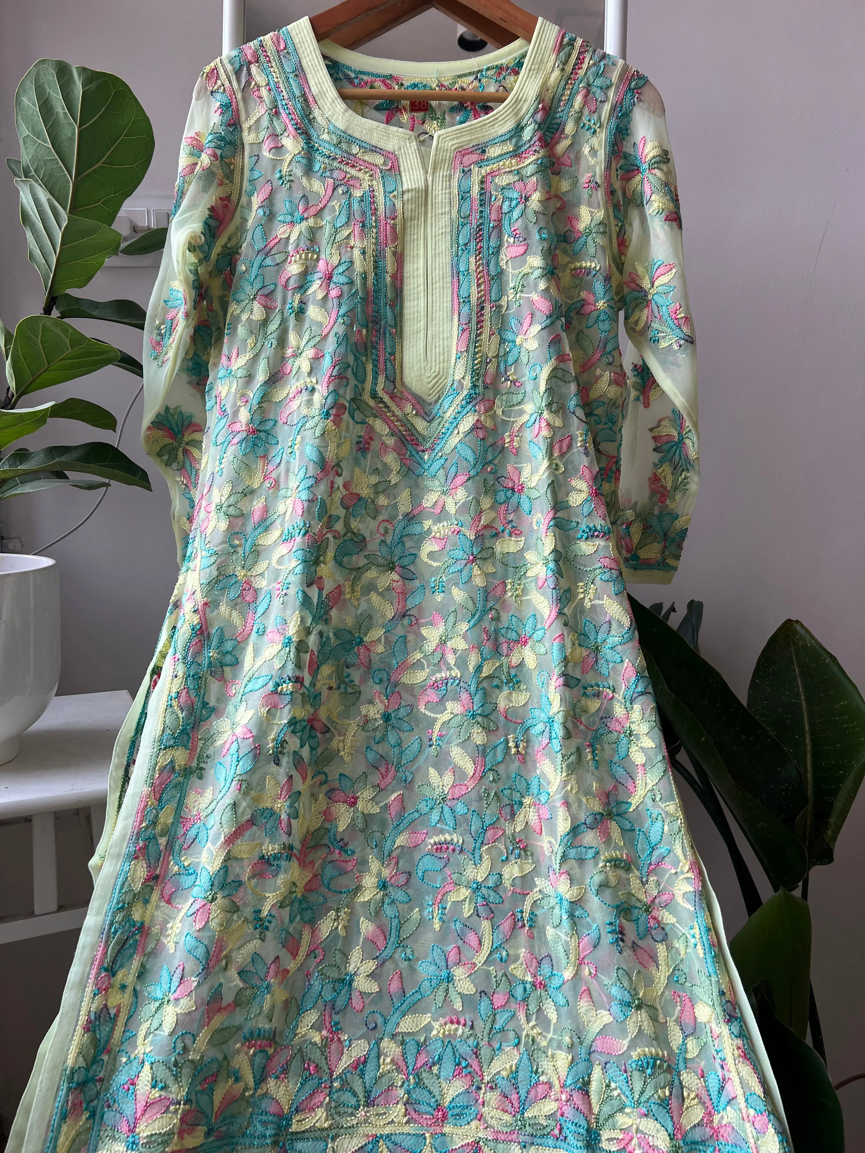 Chikankari Resham Full Jaal Kurti - Yellow Multi-Color ARIAA CHIKANKARI