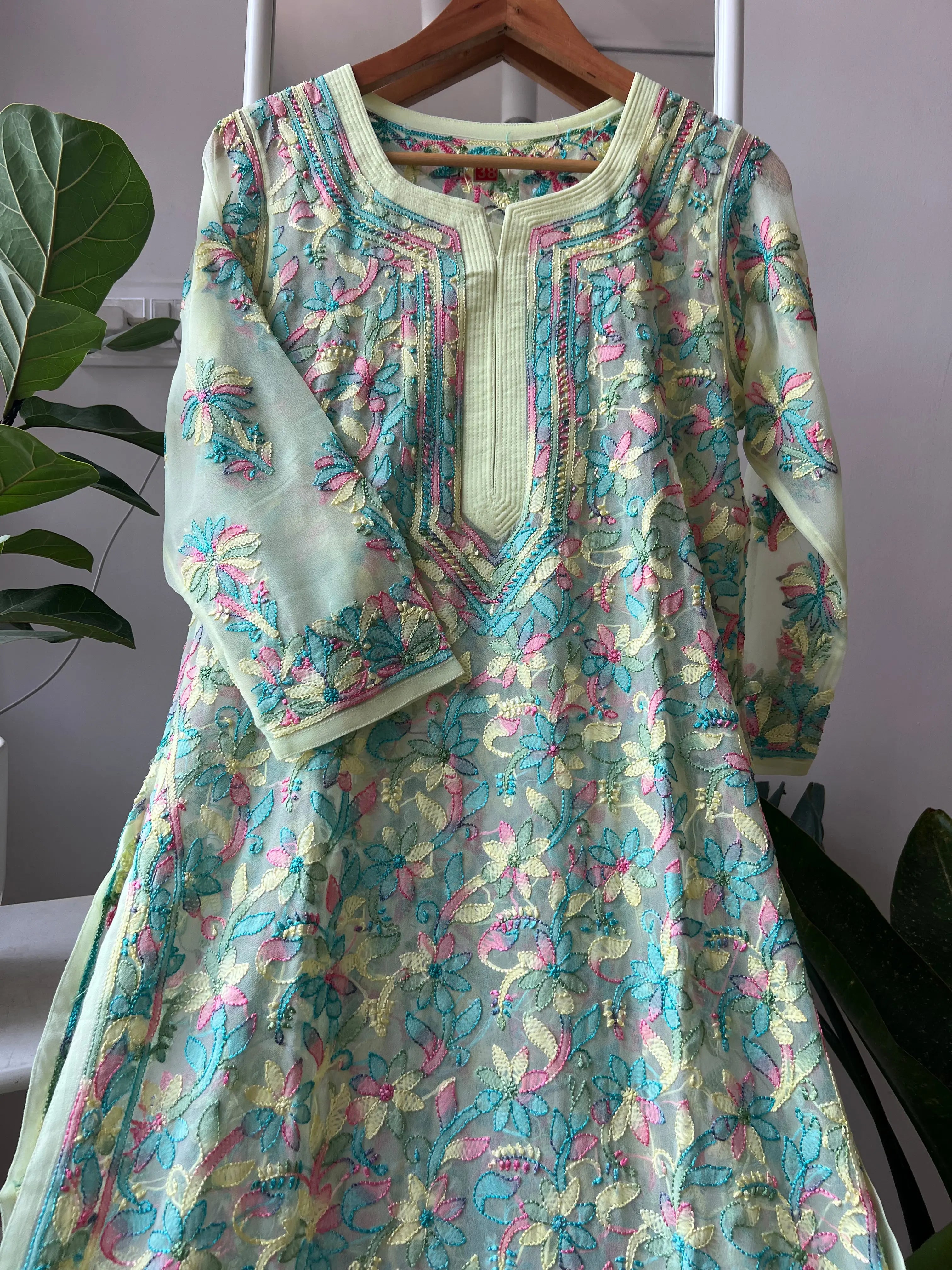 Chikankari Resham Full Jaal Kurti - Yellow Multi-Color ARIAA CHIKANKARI