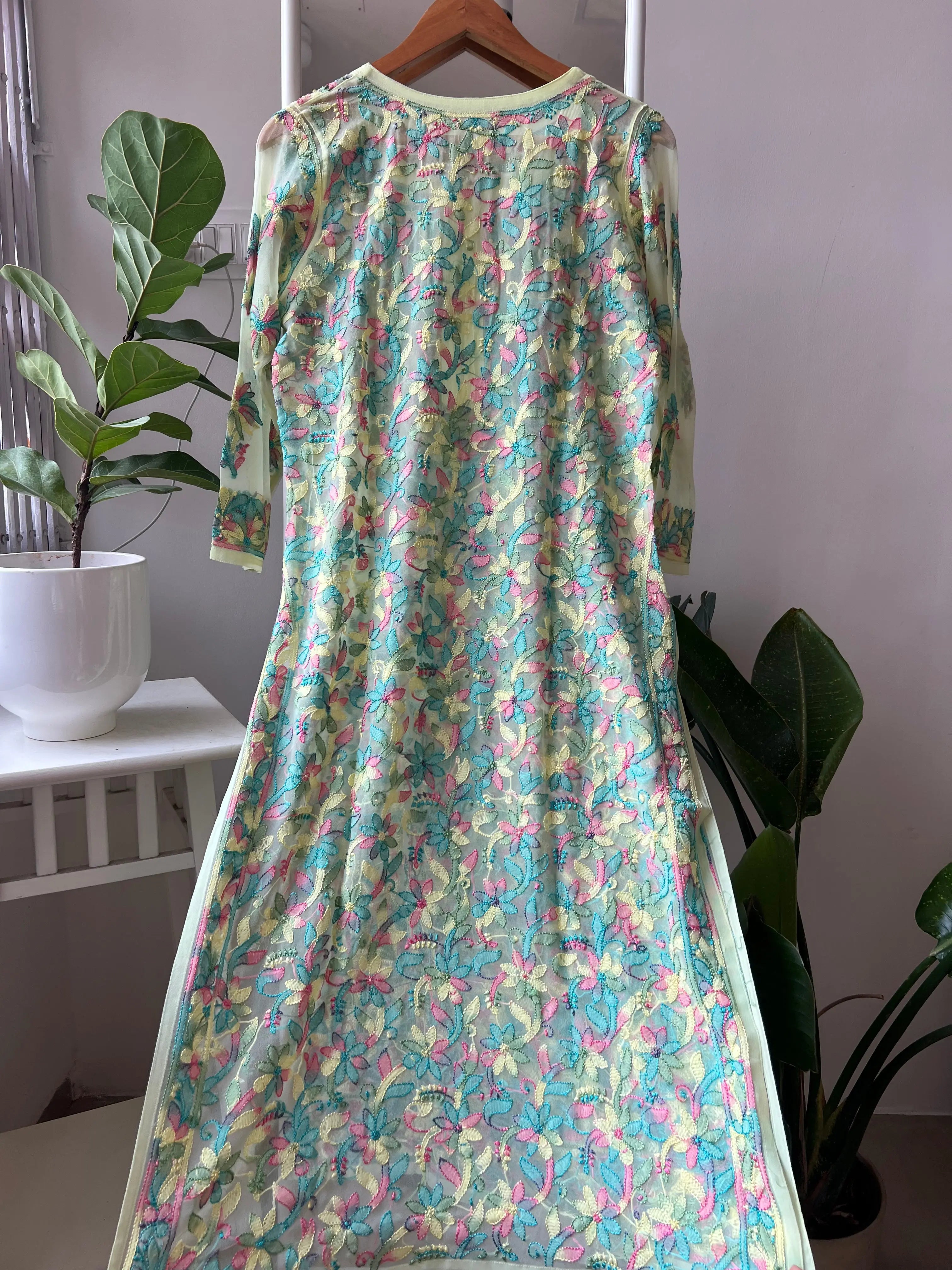 Chikankari Resham Full Jaal Kurti - Yellow Multi-Color ARIAA CHIKANKARI