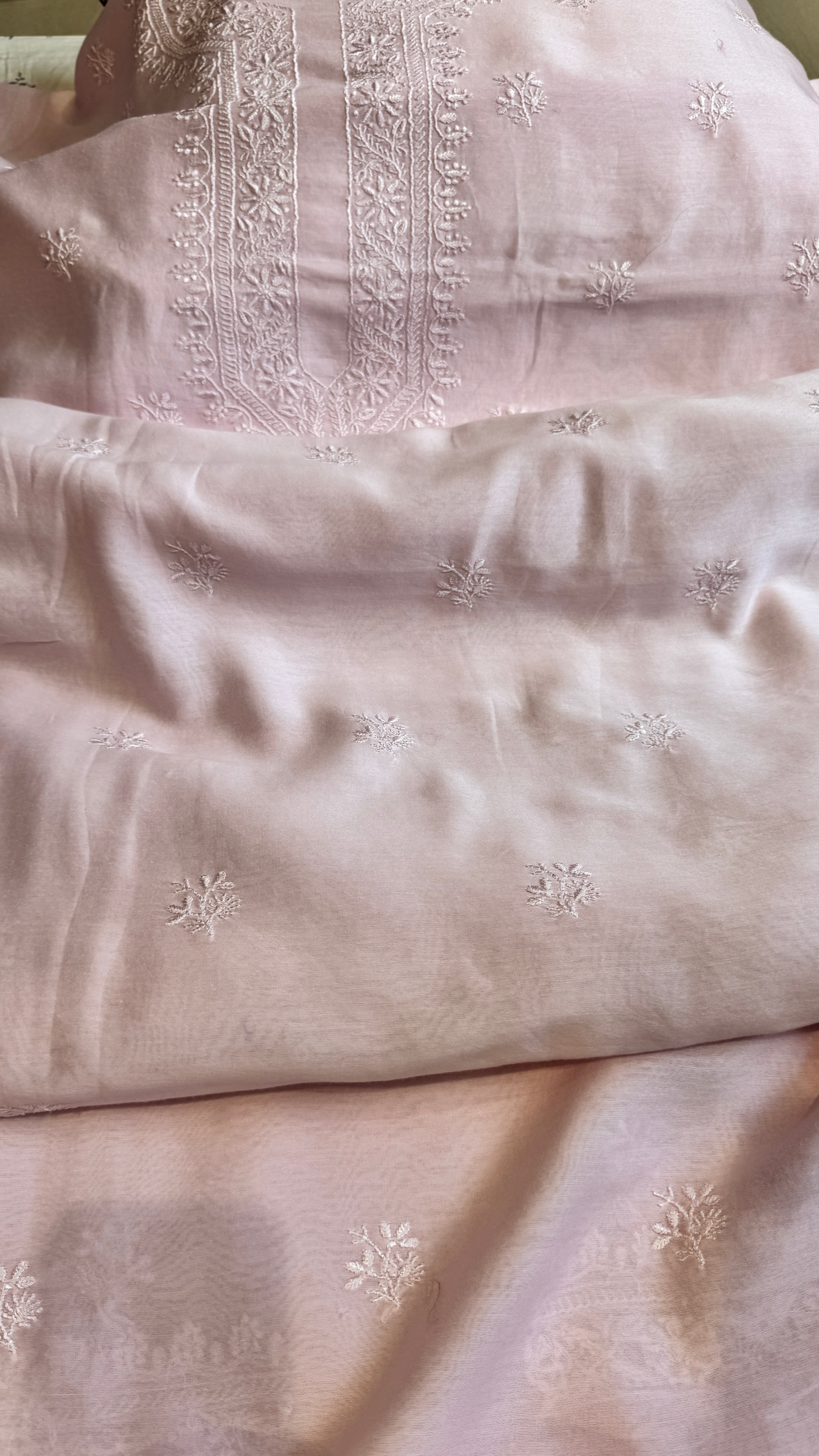 Chanderi Chikankari Kurta Length - Mens- Baby Pink