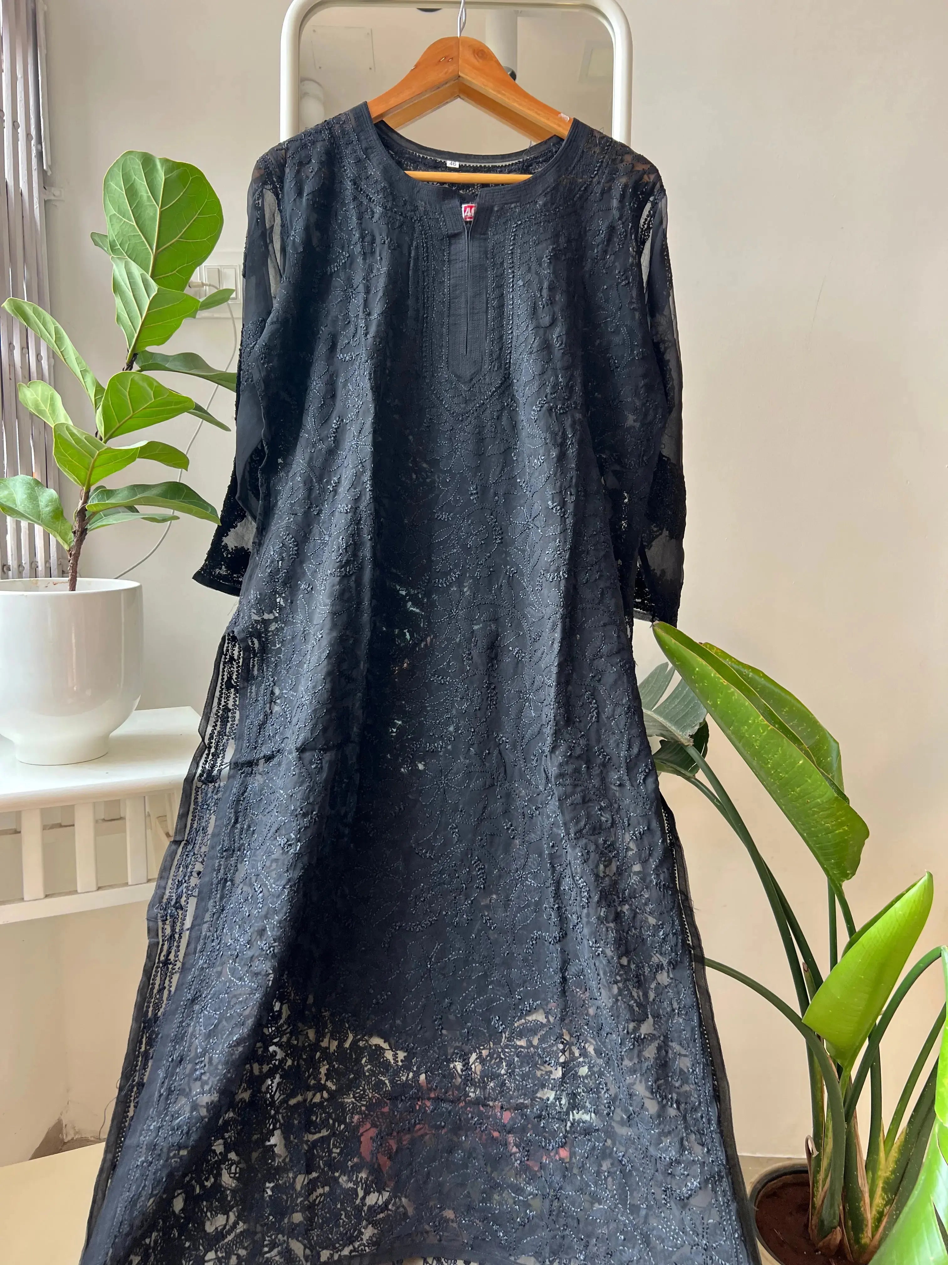 Chikankari Resham Full Jaal Kurti - Black ARIAA CHIKANKARI