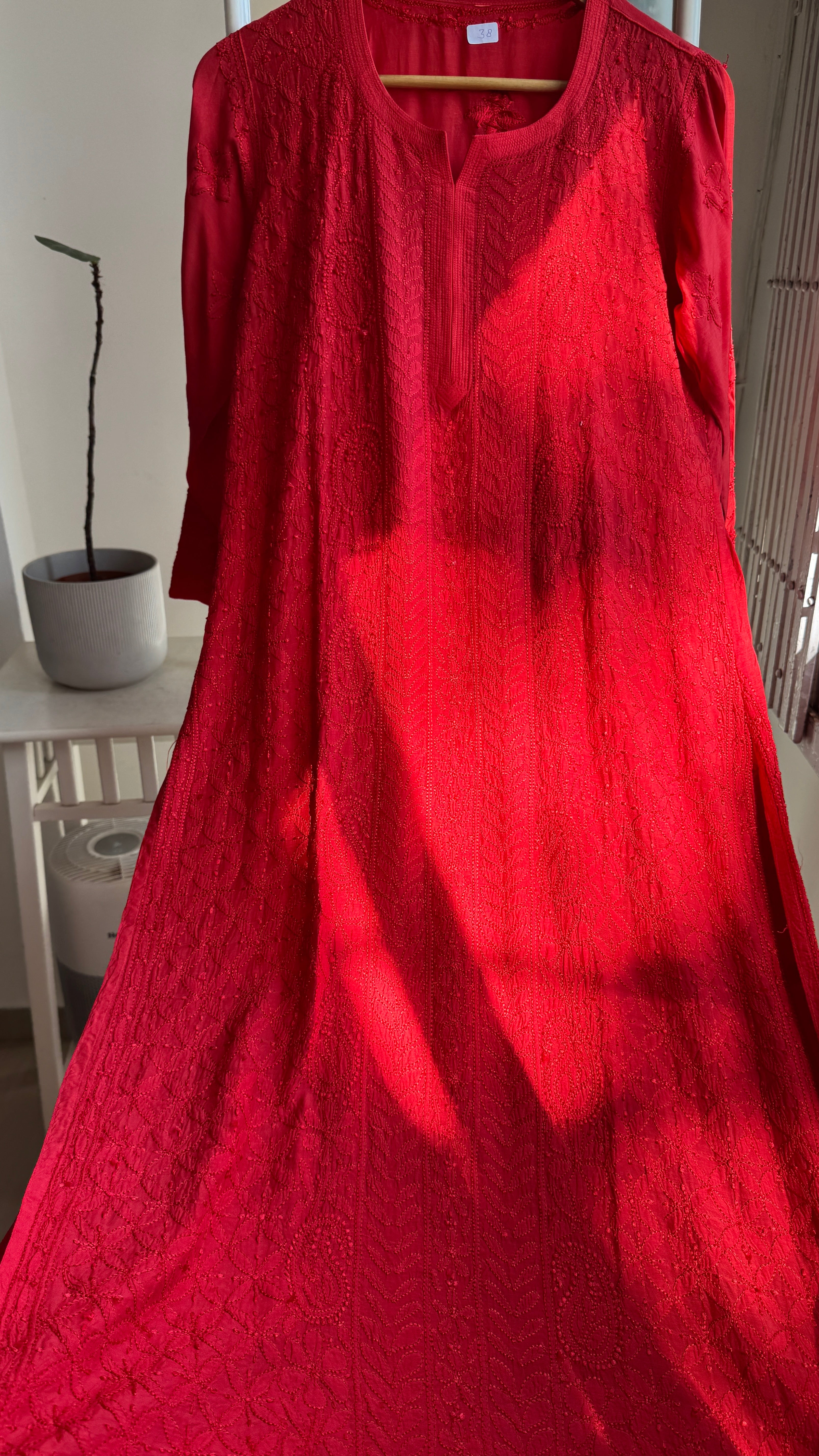 Muslin Chikankari Kurti - Red - BERRY Collection