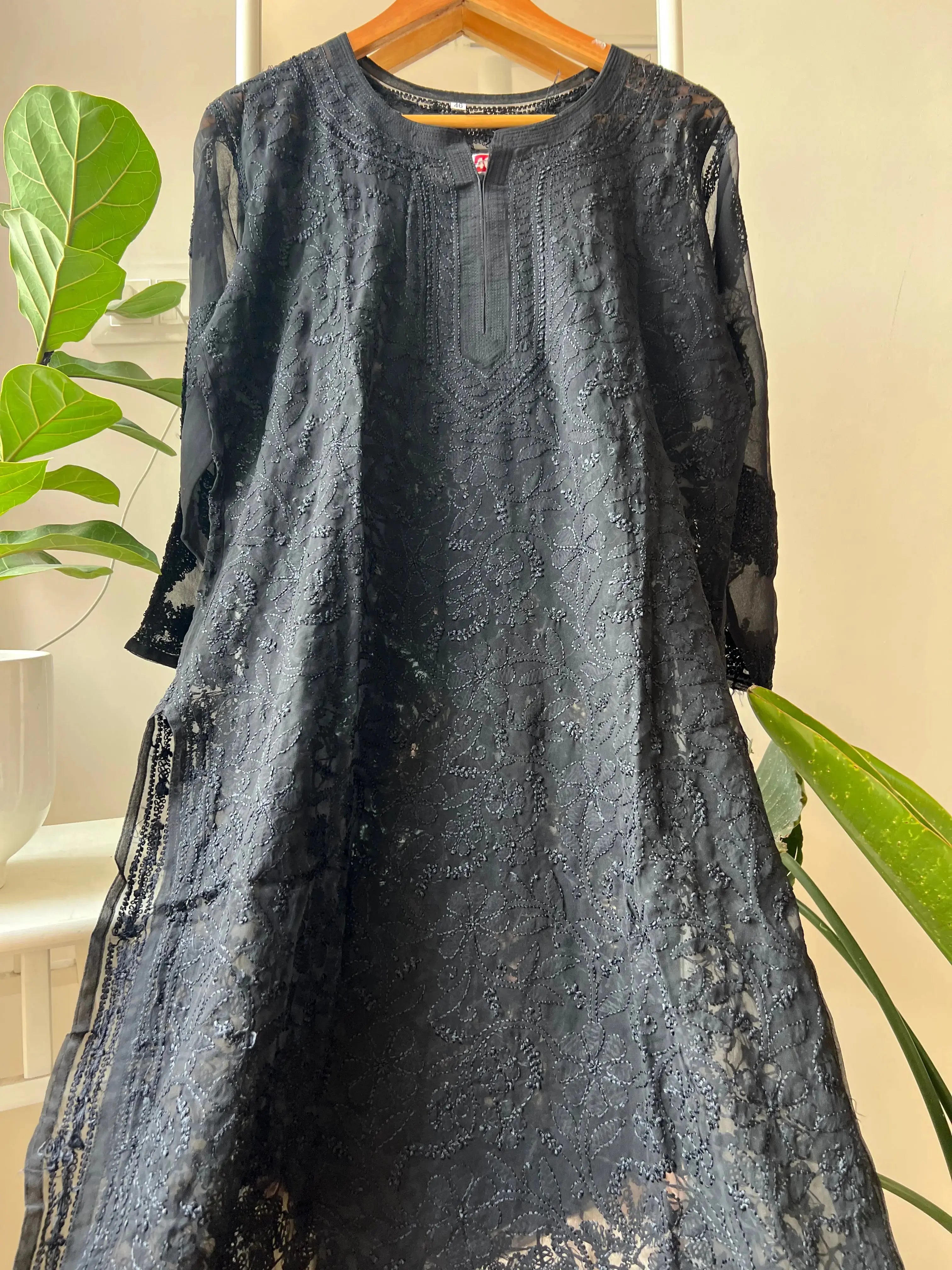 Chikankari Resham Full Jaal Kurti - Black ARIAA CHIKANKARI