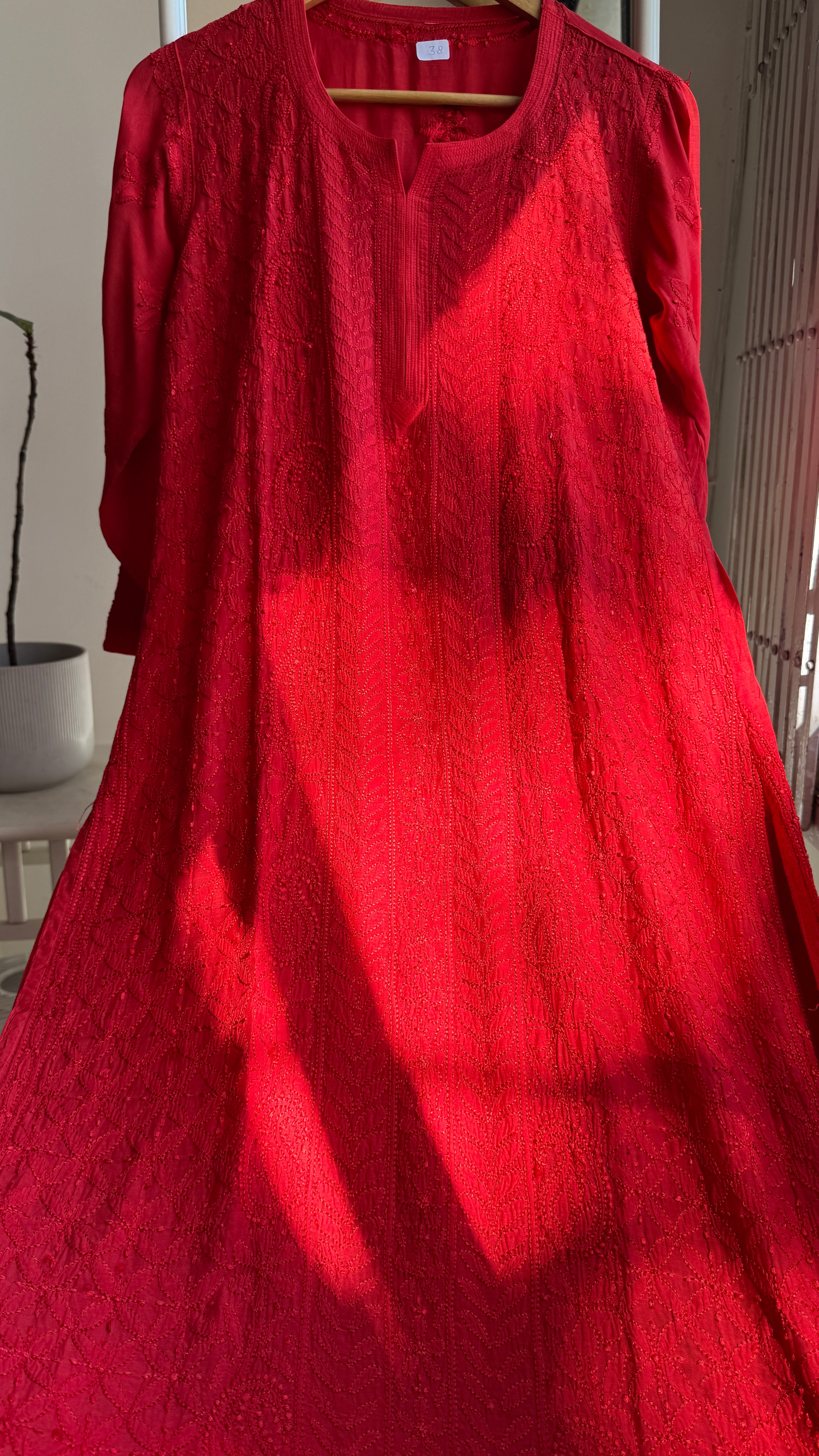 Muslin Chikankari Kurti - Red - BERRY Collection