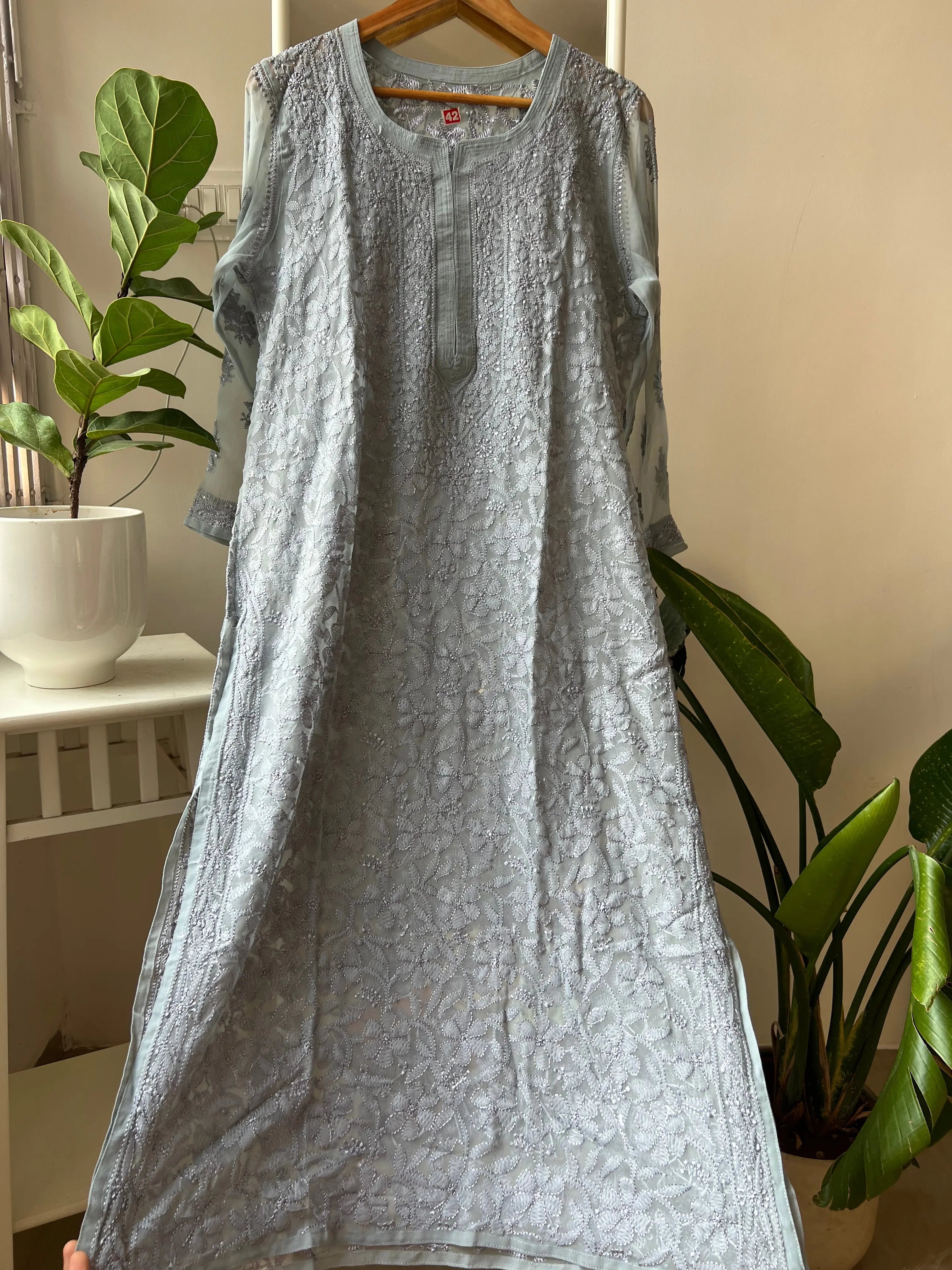 Chikankari Resham Full Jaal Kurti - Grey ARIAA CHIKANKARI