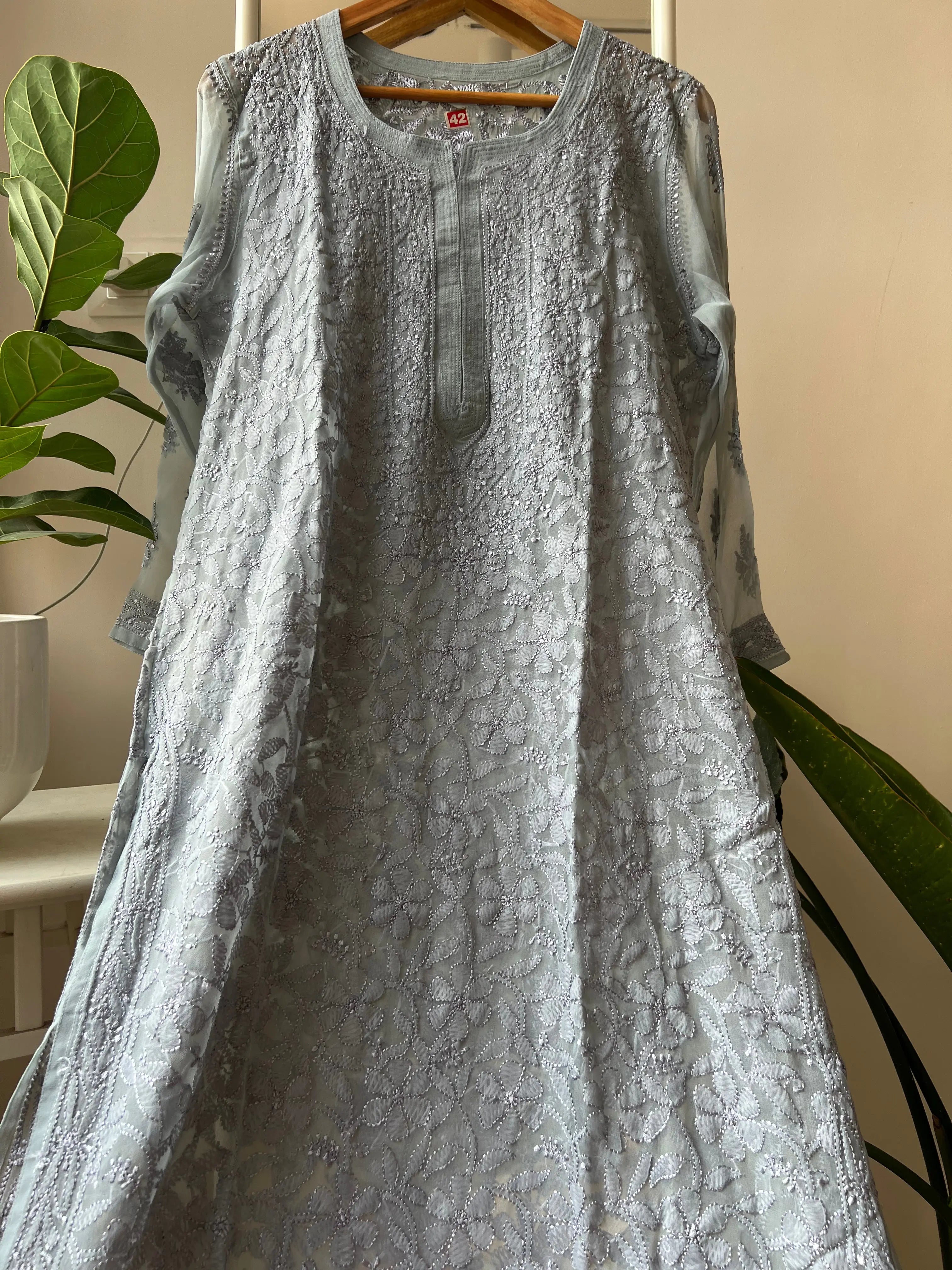 Chikankari Resham Full Jaal Kurti - Grey ARIAA CHIKANKARI