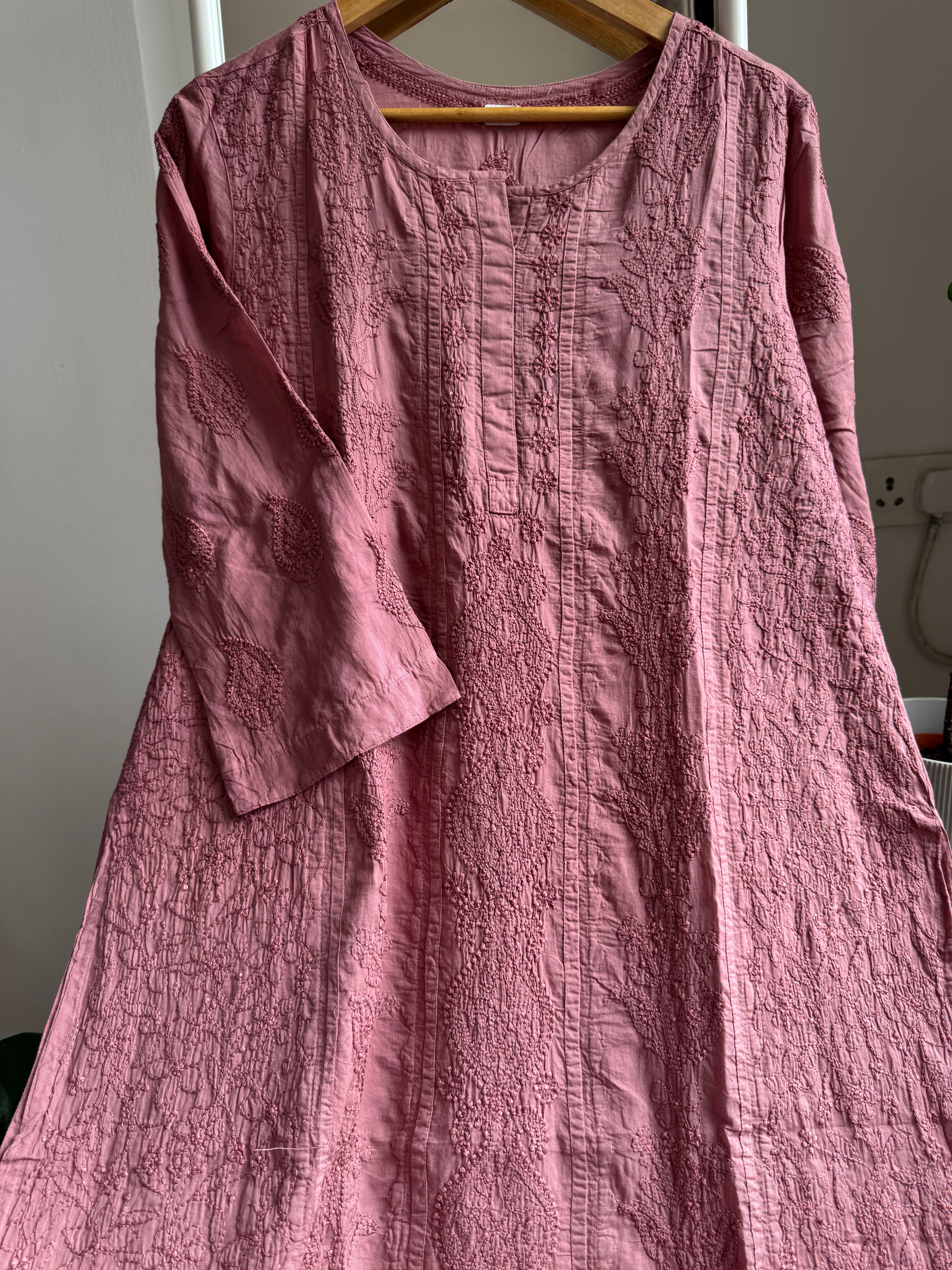 Mul Cotton Rosewood Chikankari Kurti - Bela Collection ARIAA CHIKANKARI