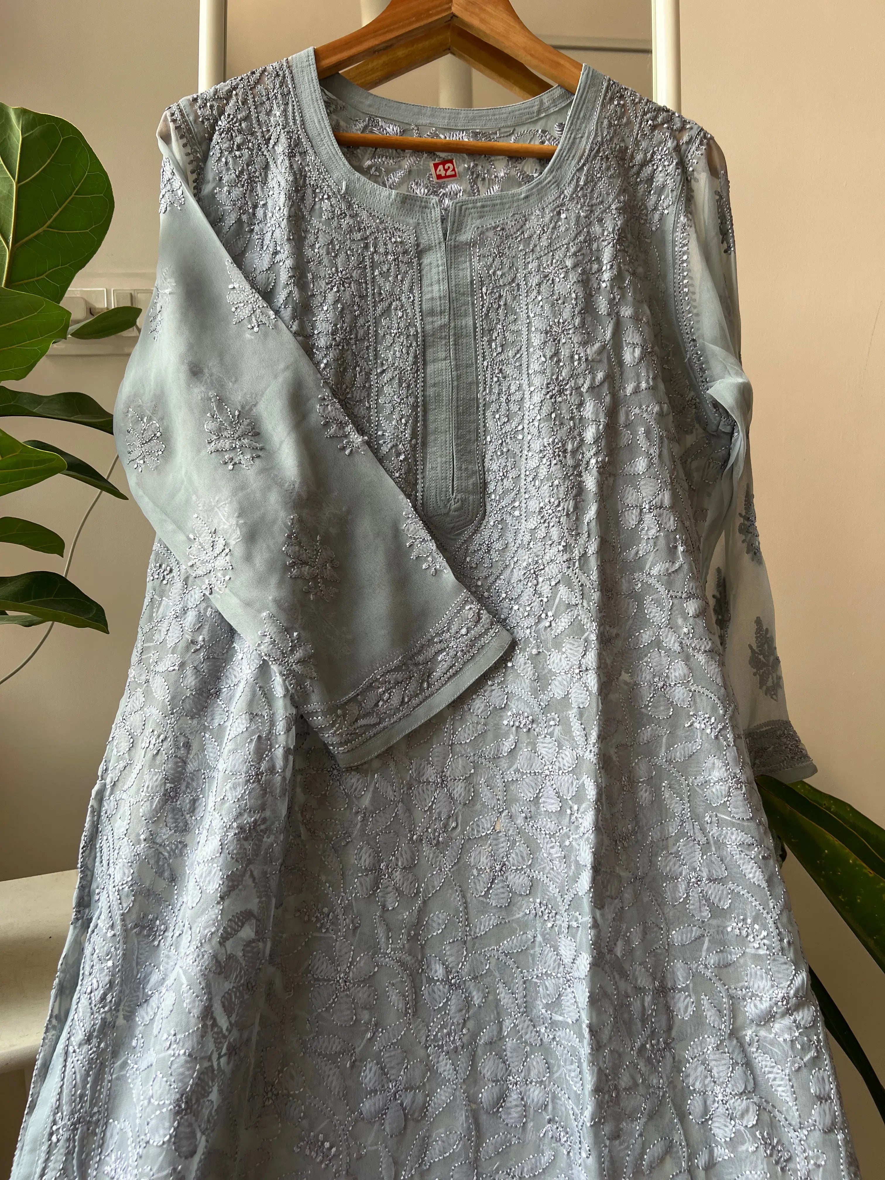 Chikankari Resham Full Jaal Kurti - Grey ARIAA CHIKANKARI