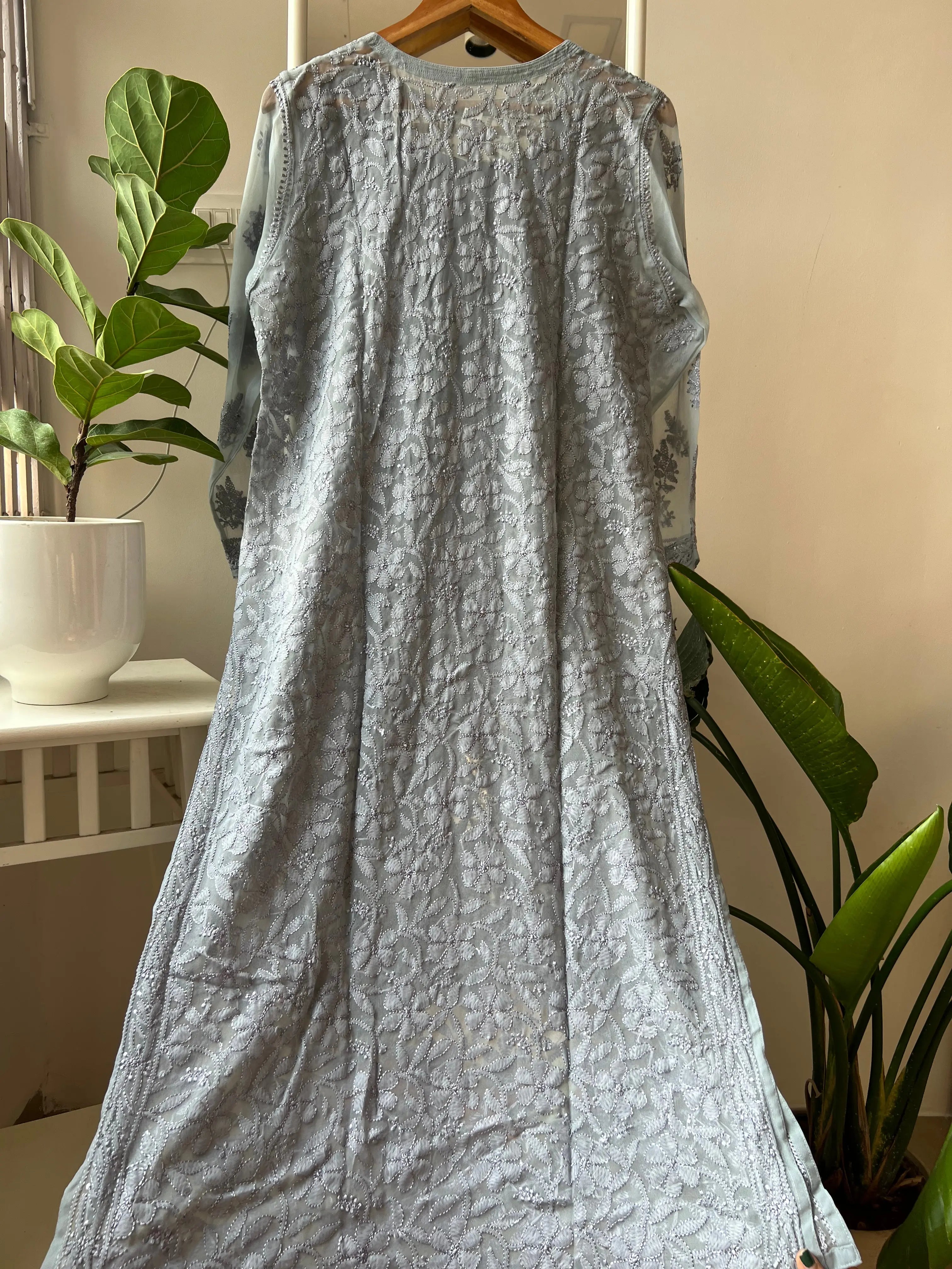 Chikankari Resham Full Jaal Kurti - Grey ARIAA CHIKANKARI